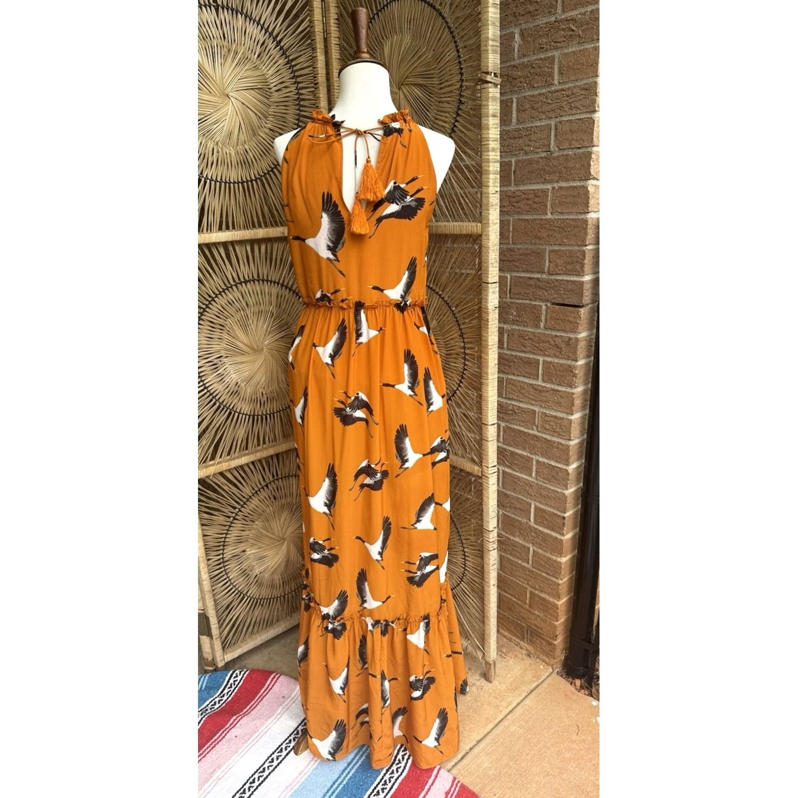 Vintage ROLLER RABBIT Maxi Dress Flying Karma Teagan XS Orange Sleeveless Scoop Neck Tie Floral Cranes Party/Cocktail Casual Women Long Vintage No Size XS / US 0-2 / IT 36-38 - 4 Thumbnail