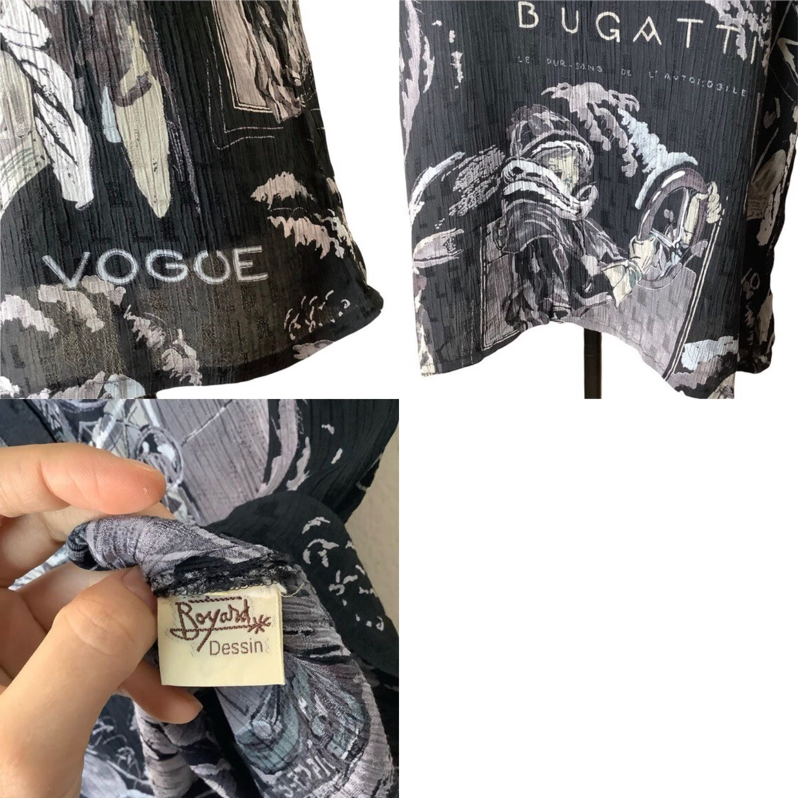 Vogue VINTAGE Bugatti Car Themed Blouse Women's L Black Viscose Short Sleeve Round Neck Pullover 70s 80s Couture Retro Car Graphic Men/Women? Size L / US 10 / IT 46 - 8 Thumbnail