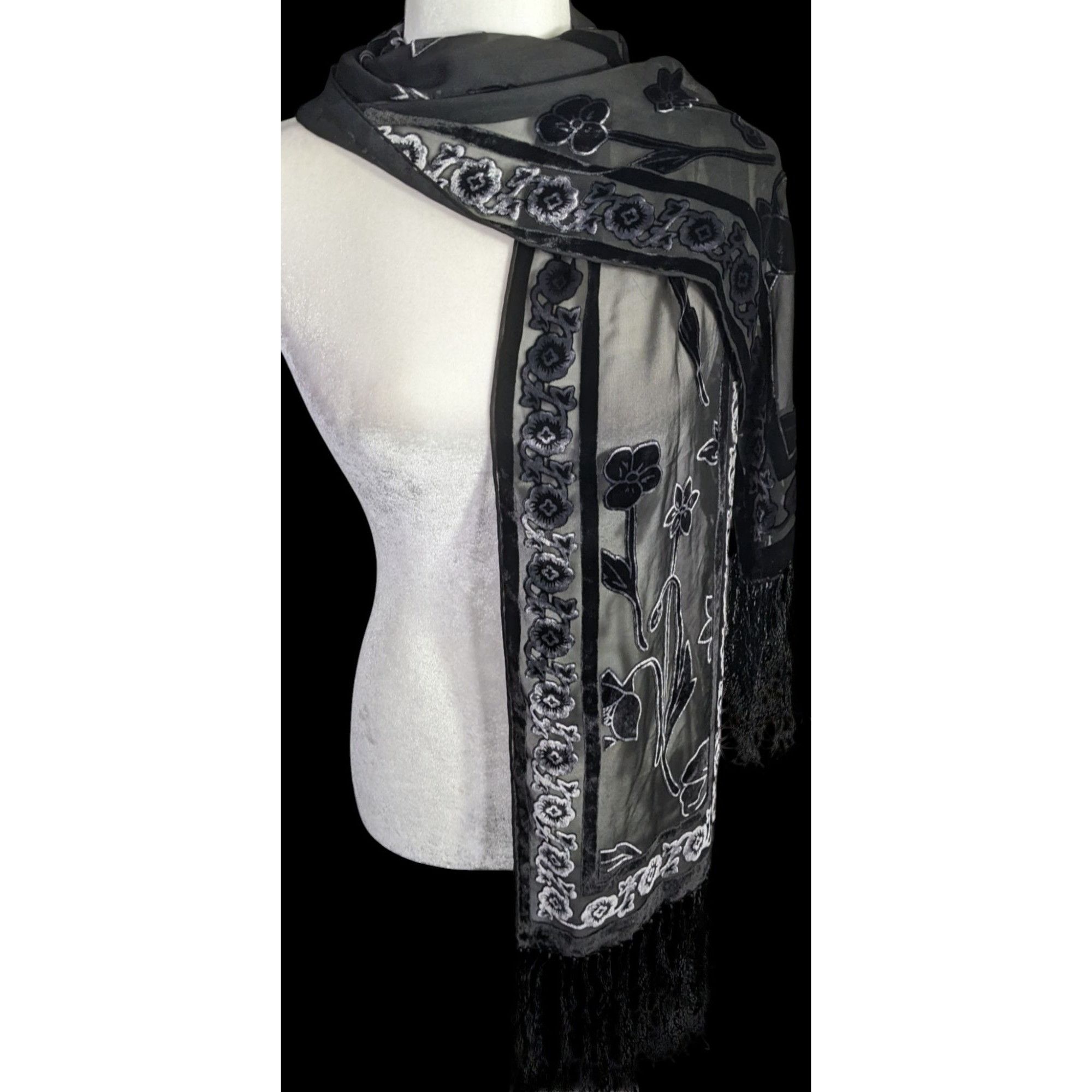 Other Vintage Gothic Burnt Velvet Floral Scarf With 7-Inch Fringe Size ONE SIZE - 1 Thumbnail