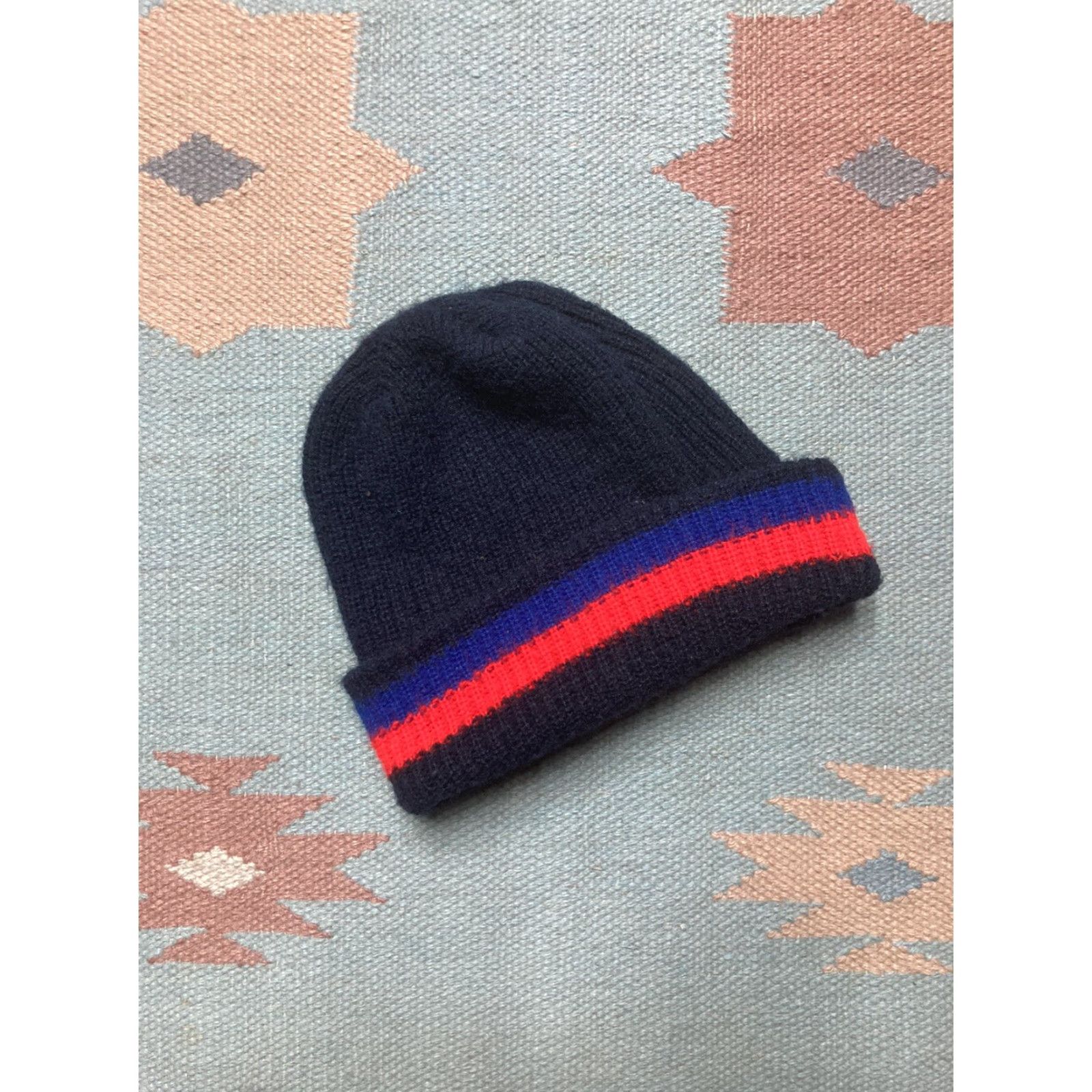 Vintage VINTAGE Skull Cap Beanie Hat Skully Striped Tri Tone Acrylic Knit Red Blue Mens One Size Blue Striped Acrylic Knit Beanie Skull Cap SKULLY Mens Size ONE SIZE - 2 Thumbnail