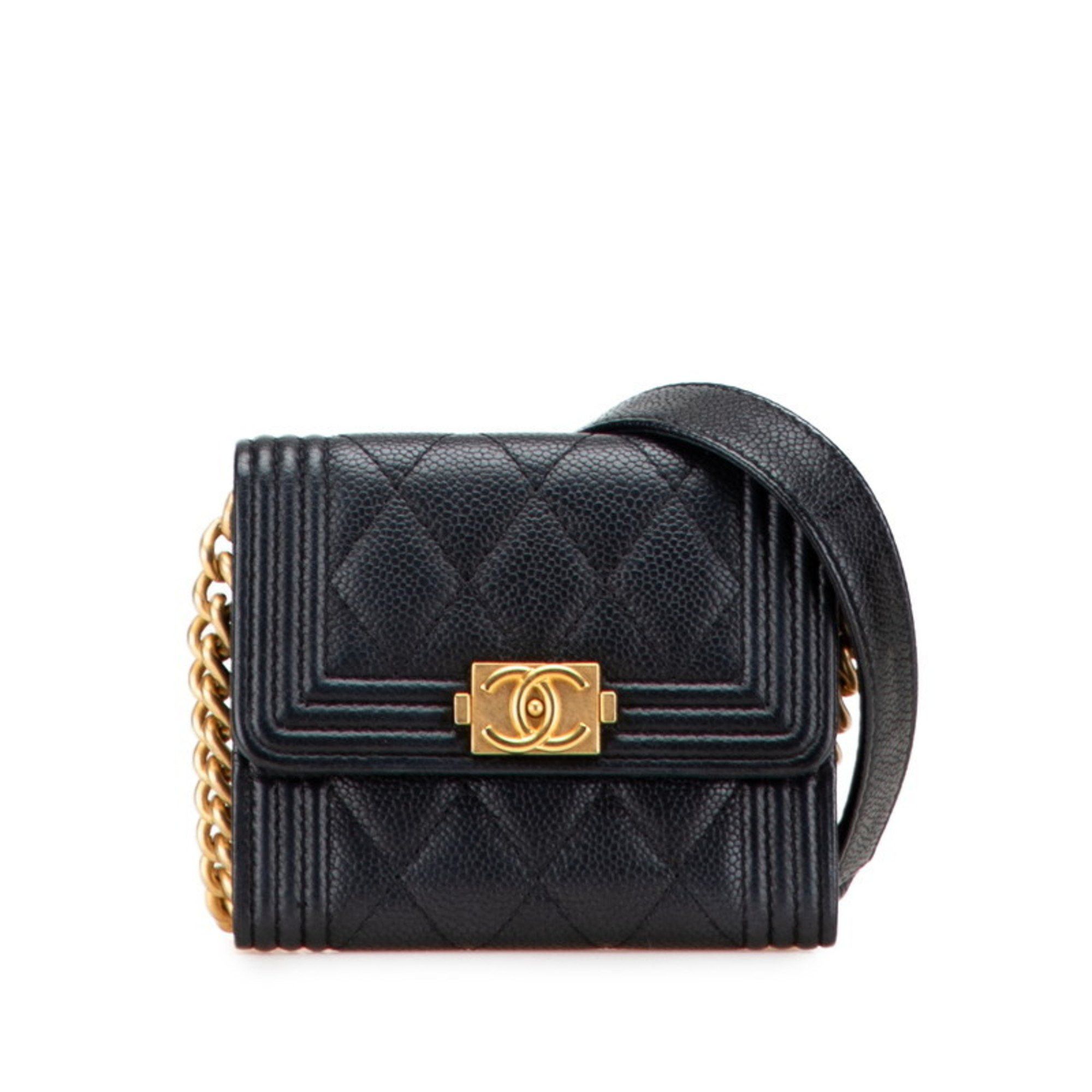Chanel CHANEL Matelasse Boy Chanel Coco Mark Chain Shoulder Wallet in Black Caviar Skin for Women Size ONE SIZE - 1 Thumbnail