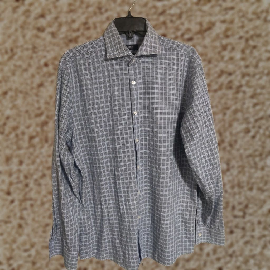 Hugo Boss HUGO BOSS Dress Shirt Sharp Fit Houndstooth Plaid Cutaway L/S Men's 16 34/35 Size 42R - 1 Thumbnail