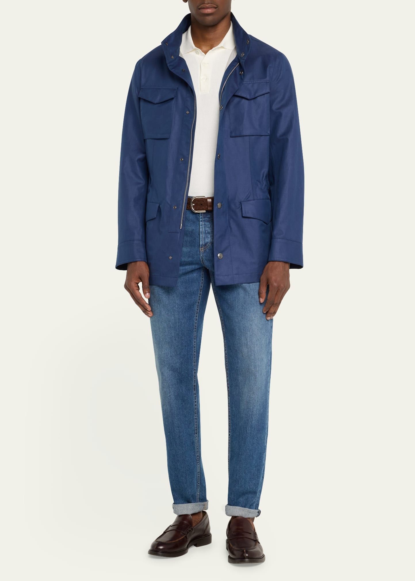 Brunello Cucinelli o1w1db10725 Linen Silk Concealed Zip Safari Jacket in Blue Size US L / EU 52-54 / 3 - 4 Thumbnail