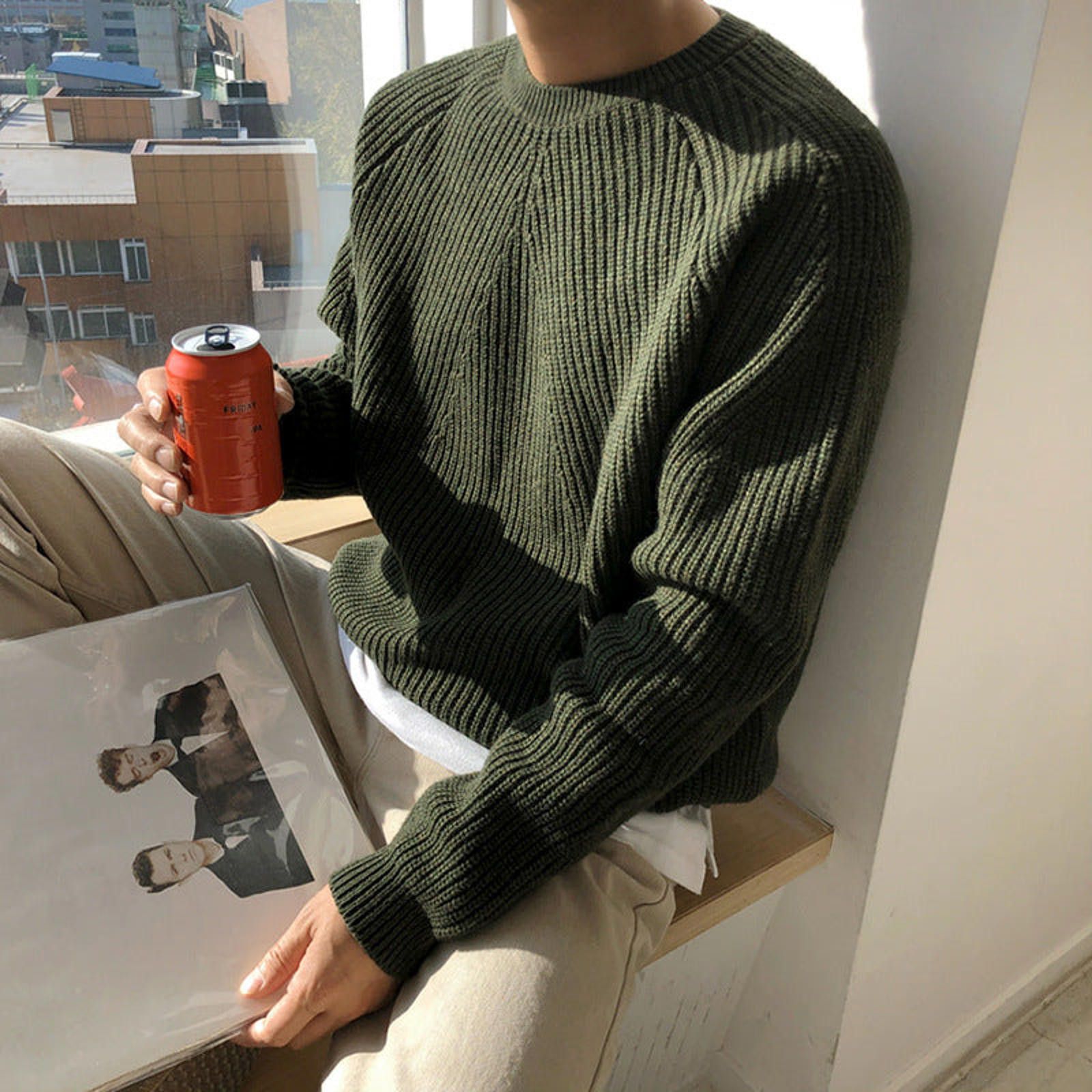 Olive Green Ribbed Crew Neck Sweater Casual Knitwear