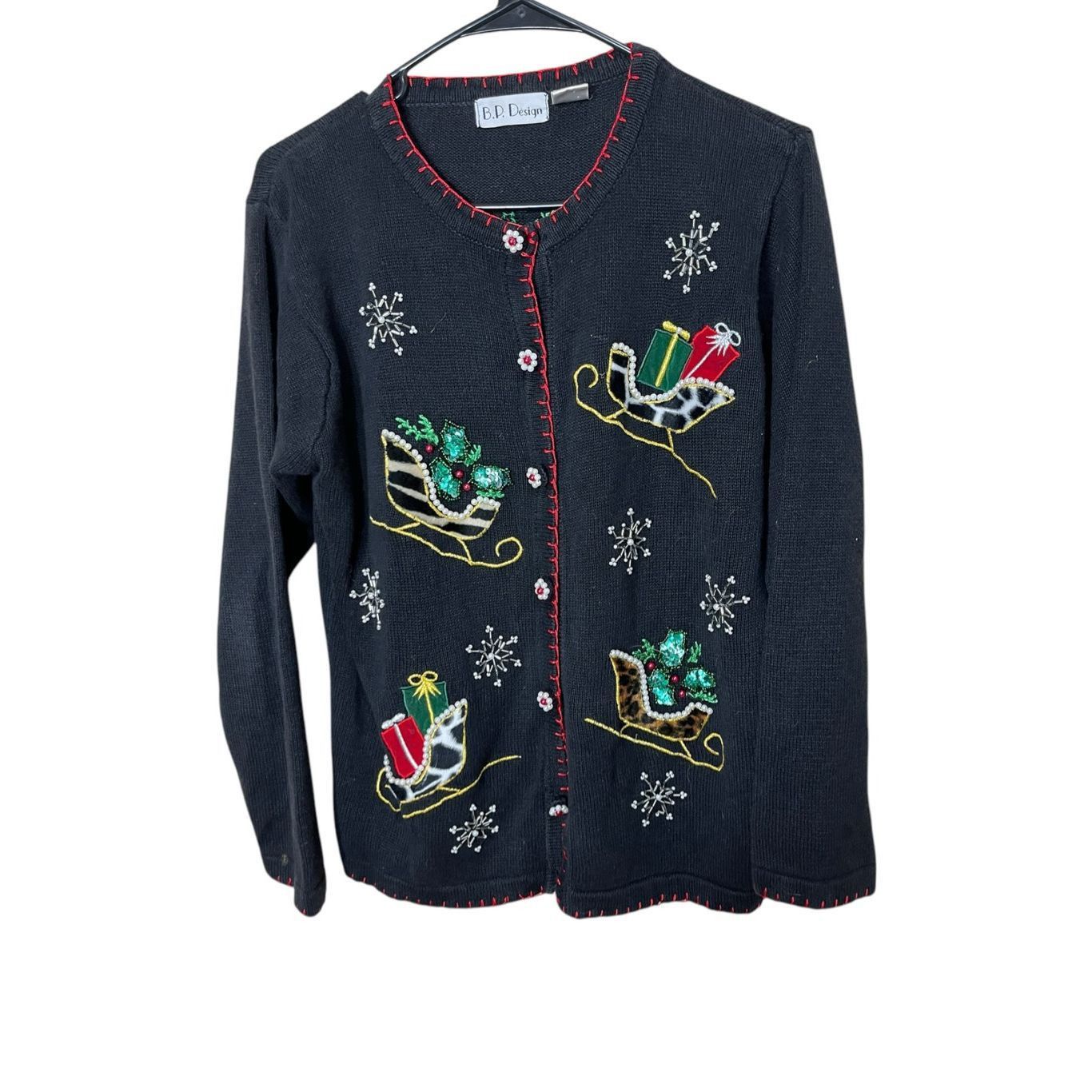 Other Vintage BP Design Christmas Cardigan Leopard Fur Sleighs Seq Size S / US 4 / IT 40 - 1 Thumbnail