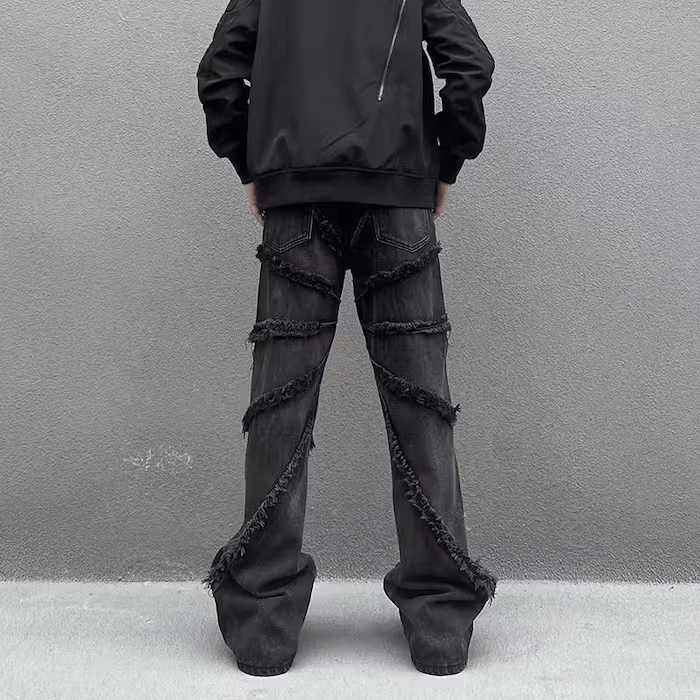 Japanese Brand × Jean Vintage black raw edge fringed wide leg jeans Size US 33 - 3 Thumbnail