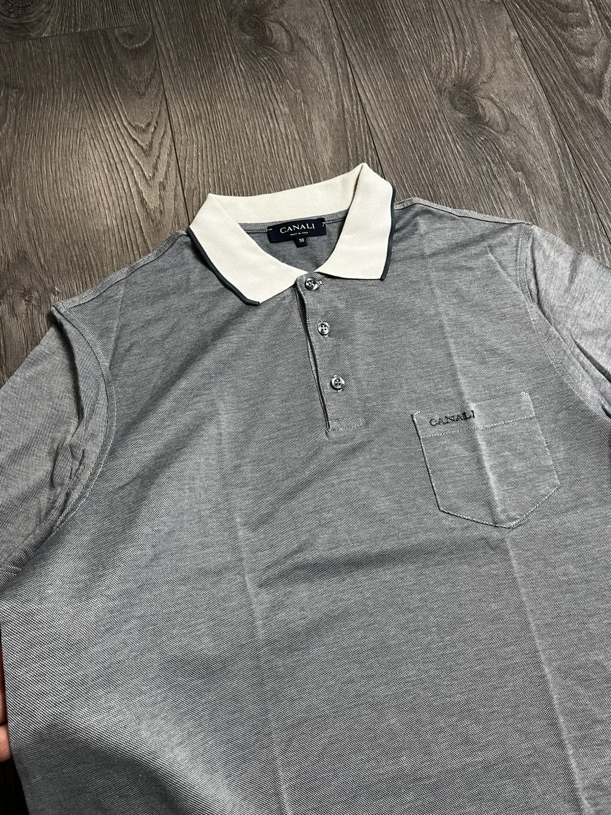 Canali CANALI Two-Tone Contrast Collar Pocket Polo Gray Luxury Size US L / EU 52-54 / 3 - 2 Thumbnail