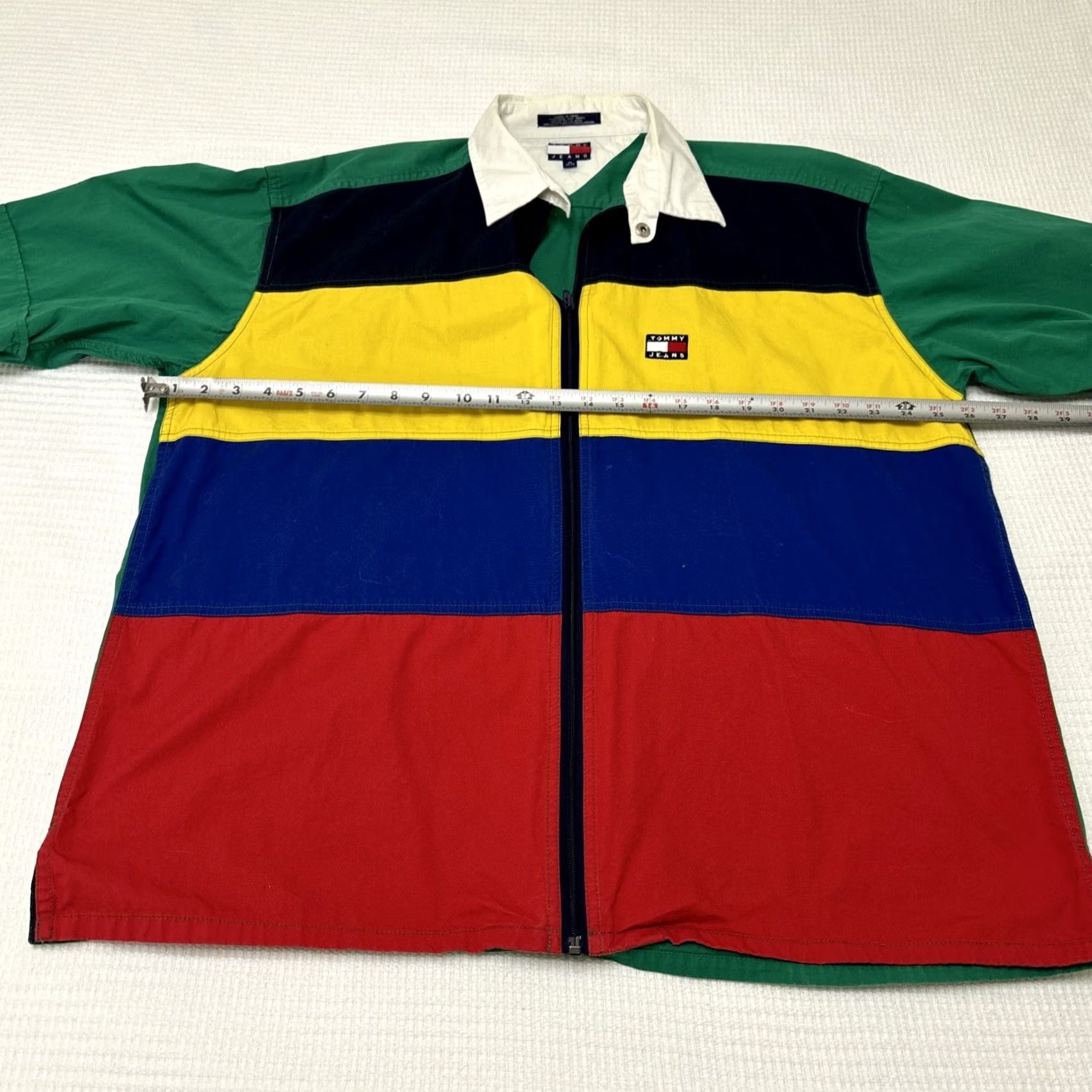Spell VINTAGE Tommy Jeans Shirt Full-Zip Striped Spell Out Flag Patch XL Men Red Blue Yellow Green Black 90s Hilfiger Hip Hop Size US XL / EU 56 / 4 - 6 Thumbnail