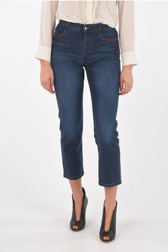 image of Chloe 4 Pocket Regular Fit Denims With Logo Back Pocket in Blue, Women's (Size 26)