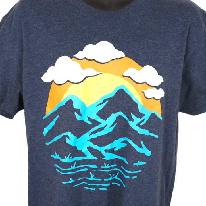 Vintage Into The AM Shirt Mens Large Blue Mountain Sunset Nature Clouds Trees Tee Size US L / EU 52-54 / 3 - 2 Thumbnail