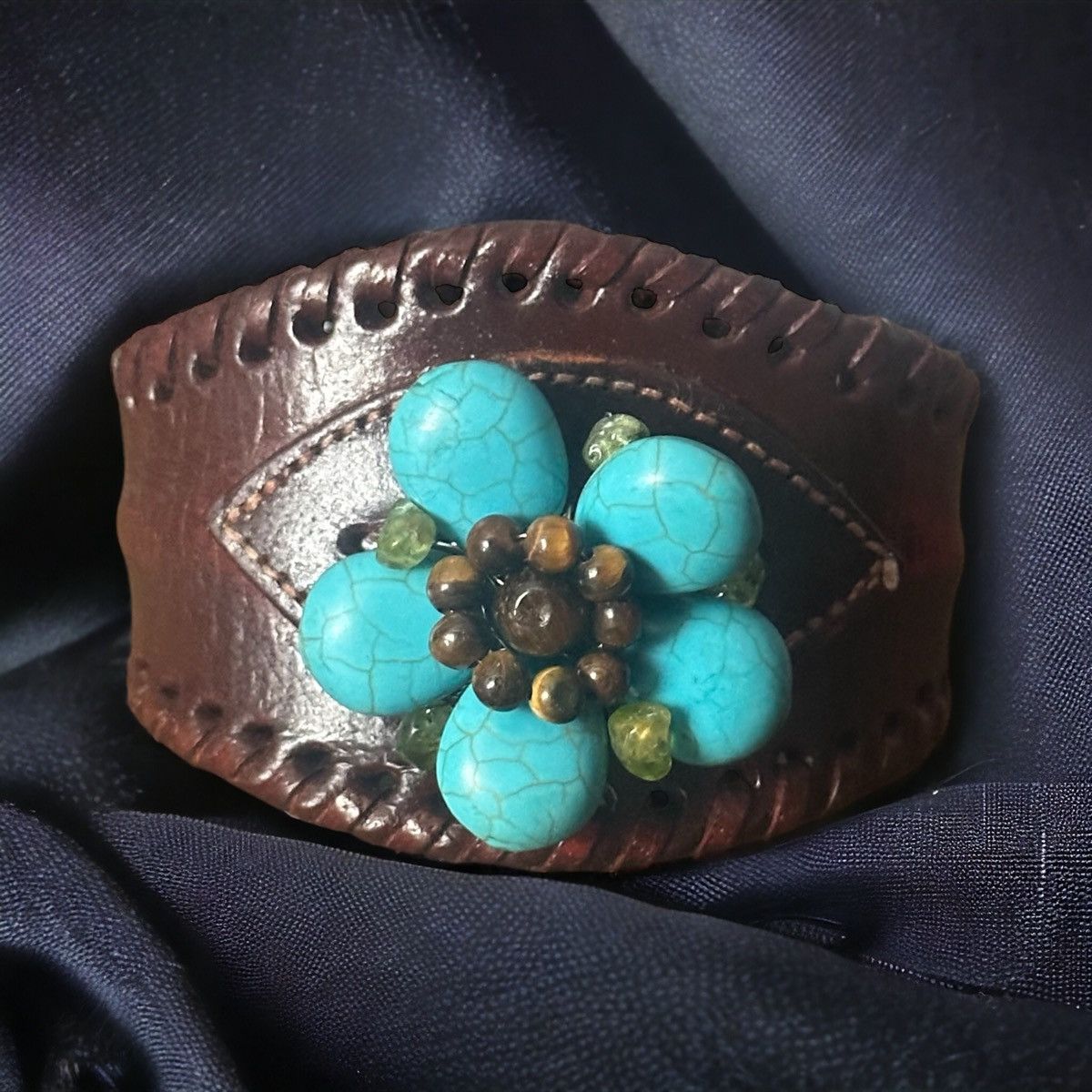 Other Boho turquoise flower wide leather cuff bracelet Size ONE SIZE - 1 Thumbnail