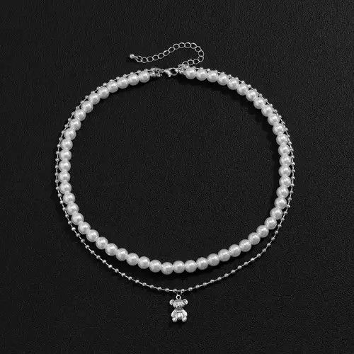 Jewelry Double Layer Pearl Bear Necklace Silver Necklace Size ONE SIZE - 4 Thumbnail