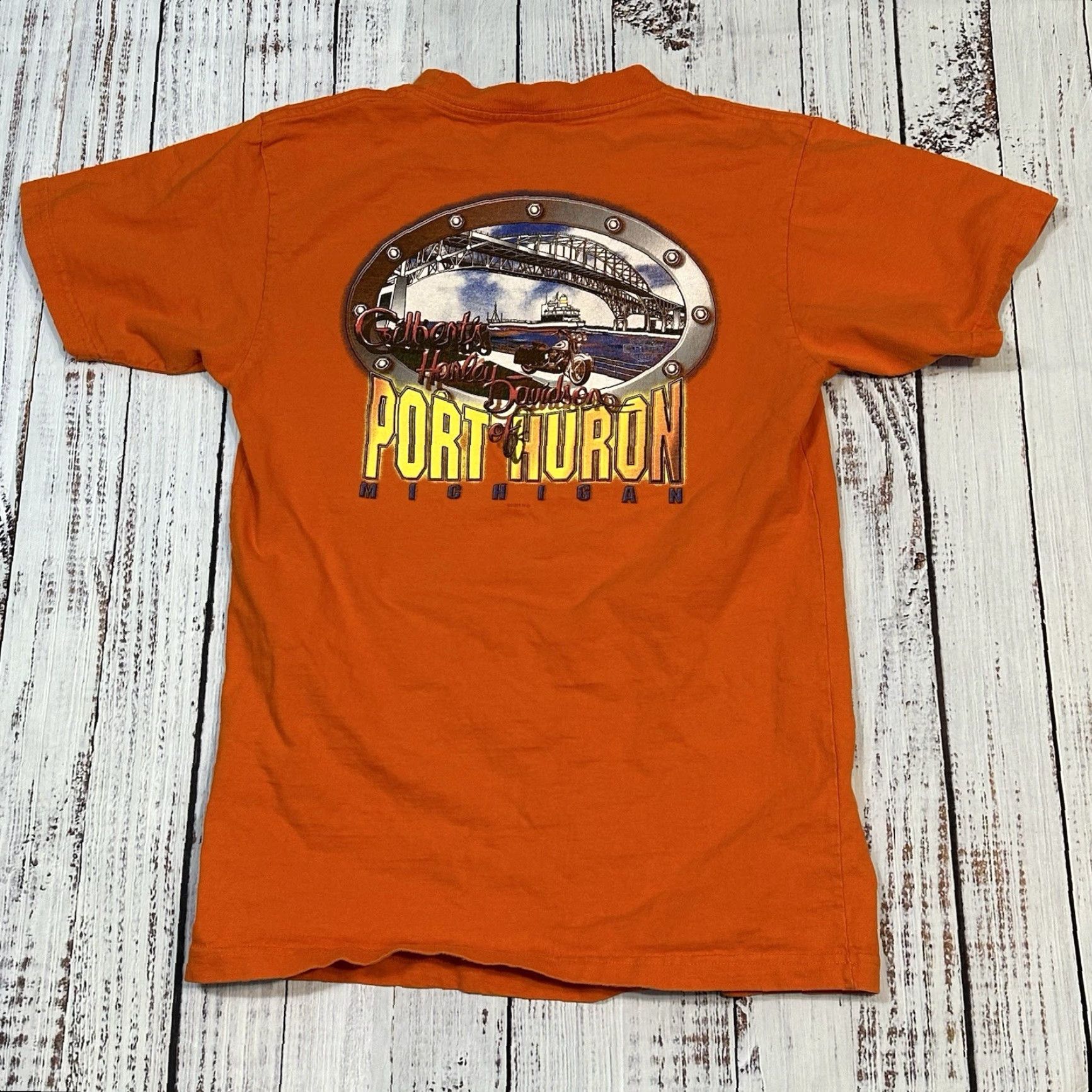 Harley Davidson VINTAGE Harley-Davidson American Legend Tee Port of Huron Michigan Graphic Men’s Medium Orange USA MADE Shirt Size US M / EU 48-50 / 2 - 7 Thumbnail