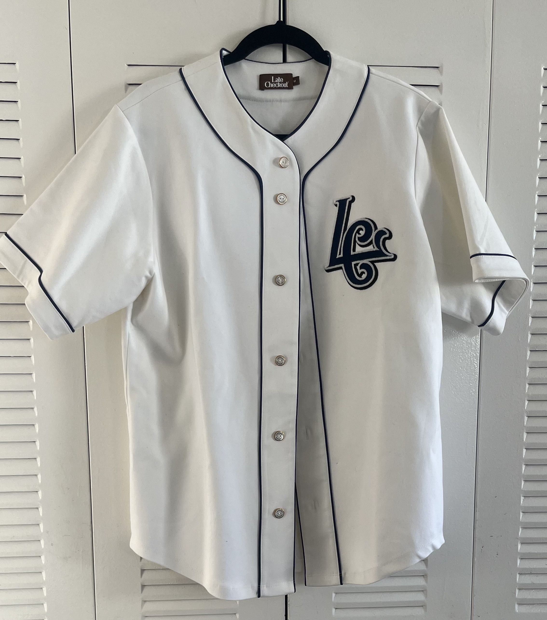 image of Late Checkout Lc Embroidered-Logo Baseball Shirt in White, Men's (Size Medium)
