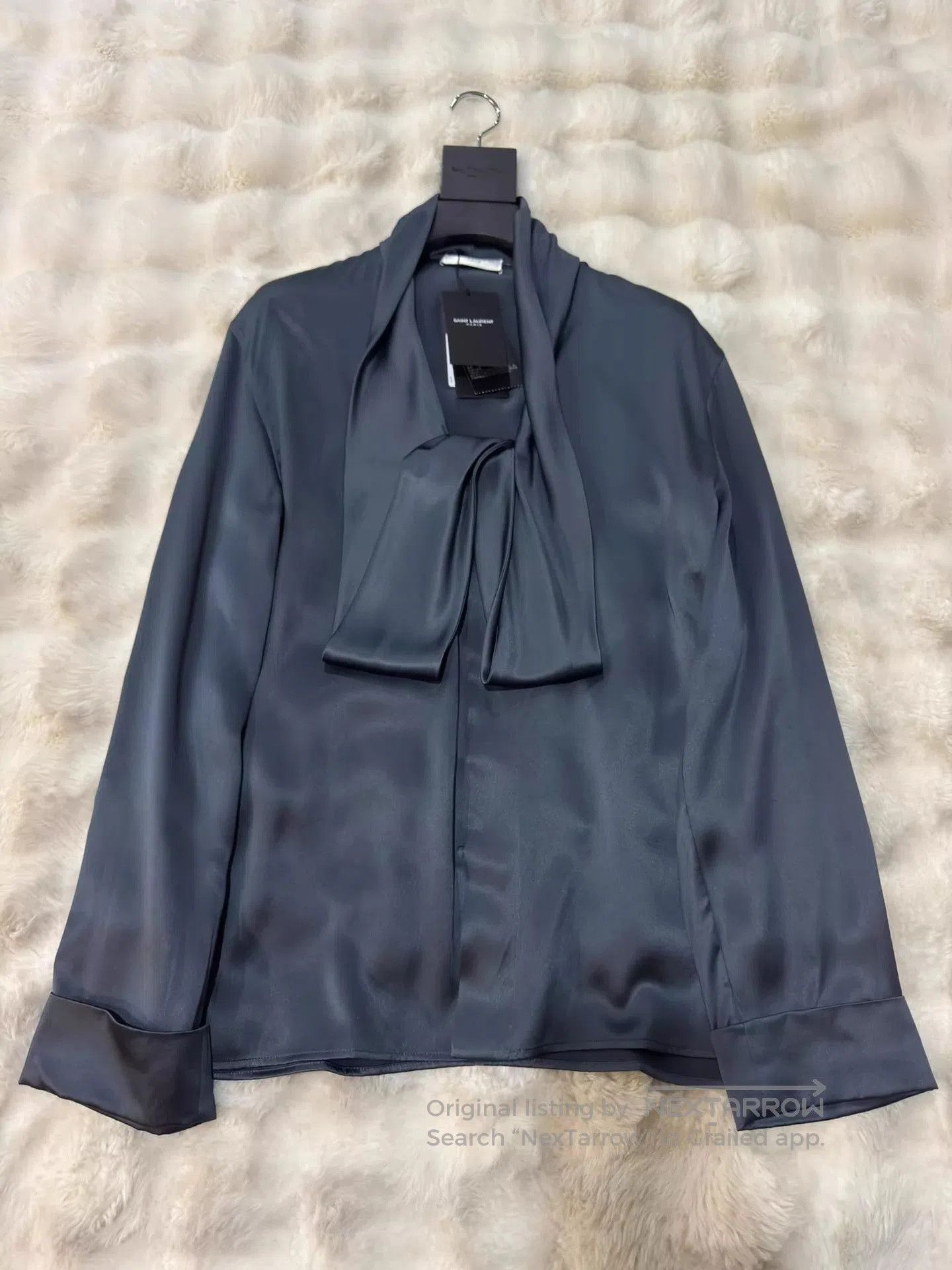 Saint Laurent Paris Blue Satin Bow-Front Long Sleeve Blouse. Size US S / EU 44-46 / 1 - 1 Thumbnail