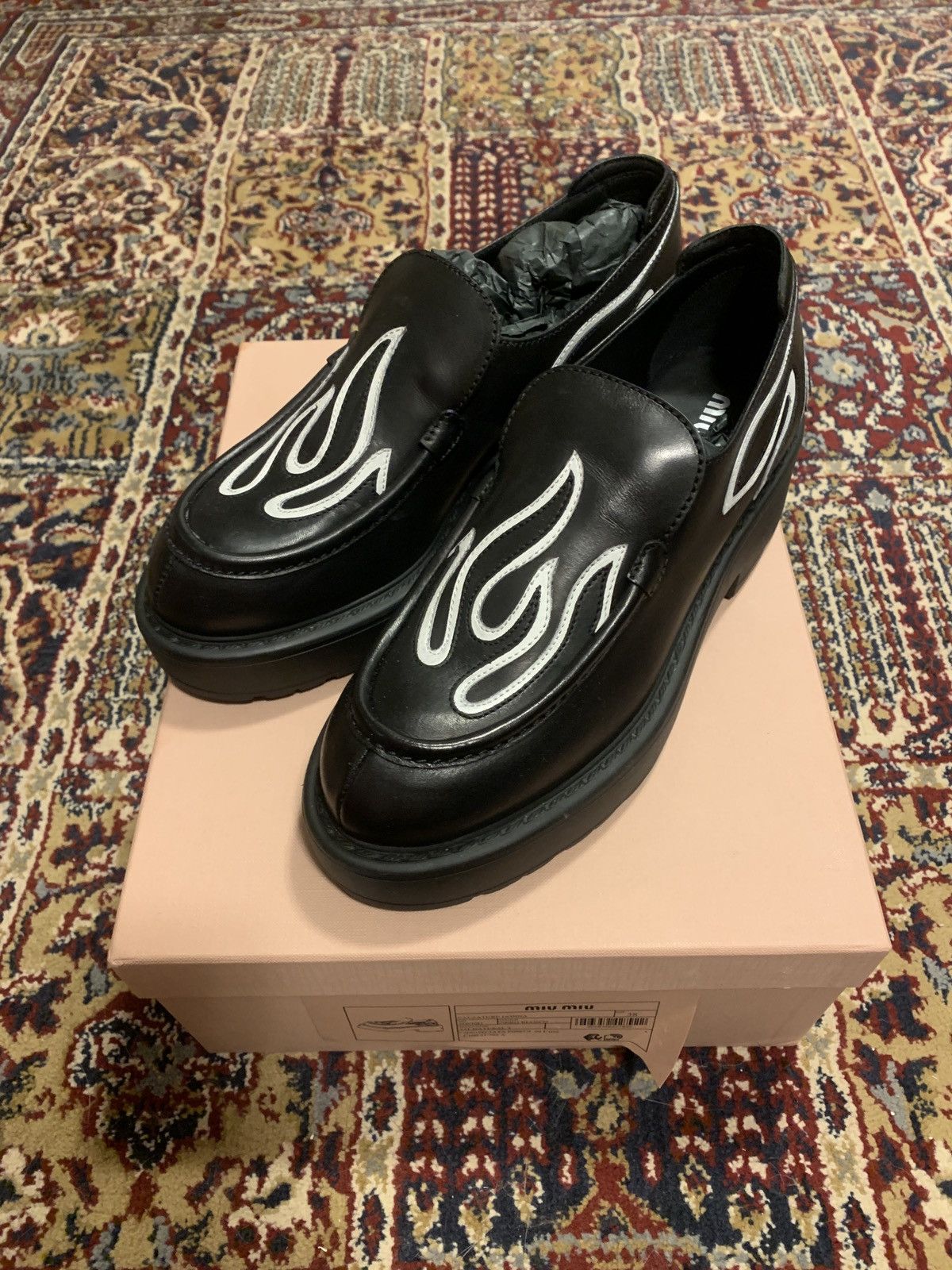 Designer × Miu Miu × Prada Miu Miu Flame Leather Loafers