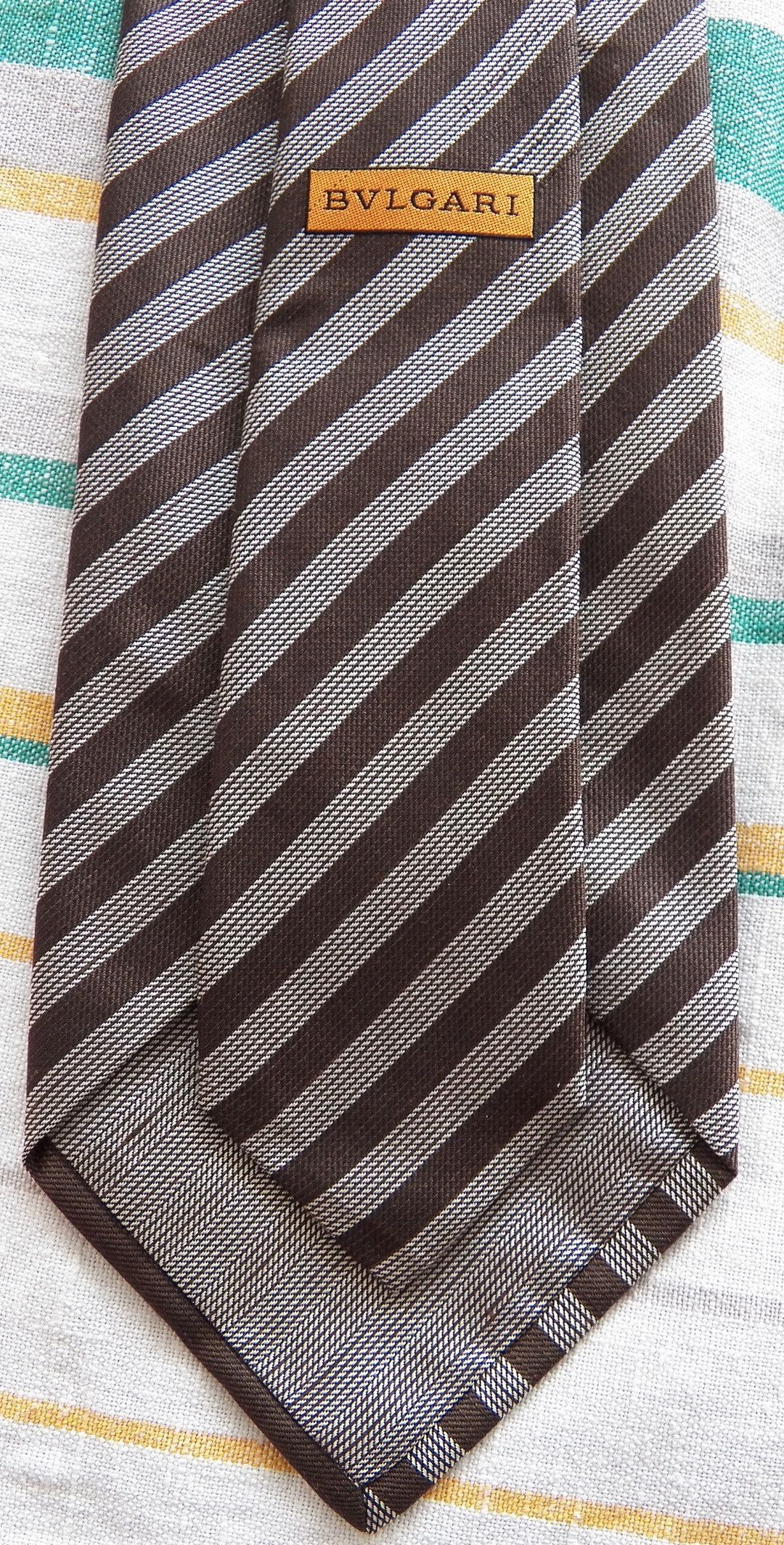 Bvlgari Silk Linen Necktie woven grey brown diagonal stripe tie Size ONE SIZE - 2 Thumbnail