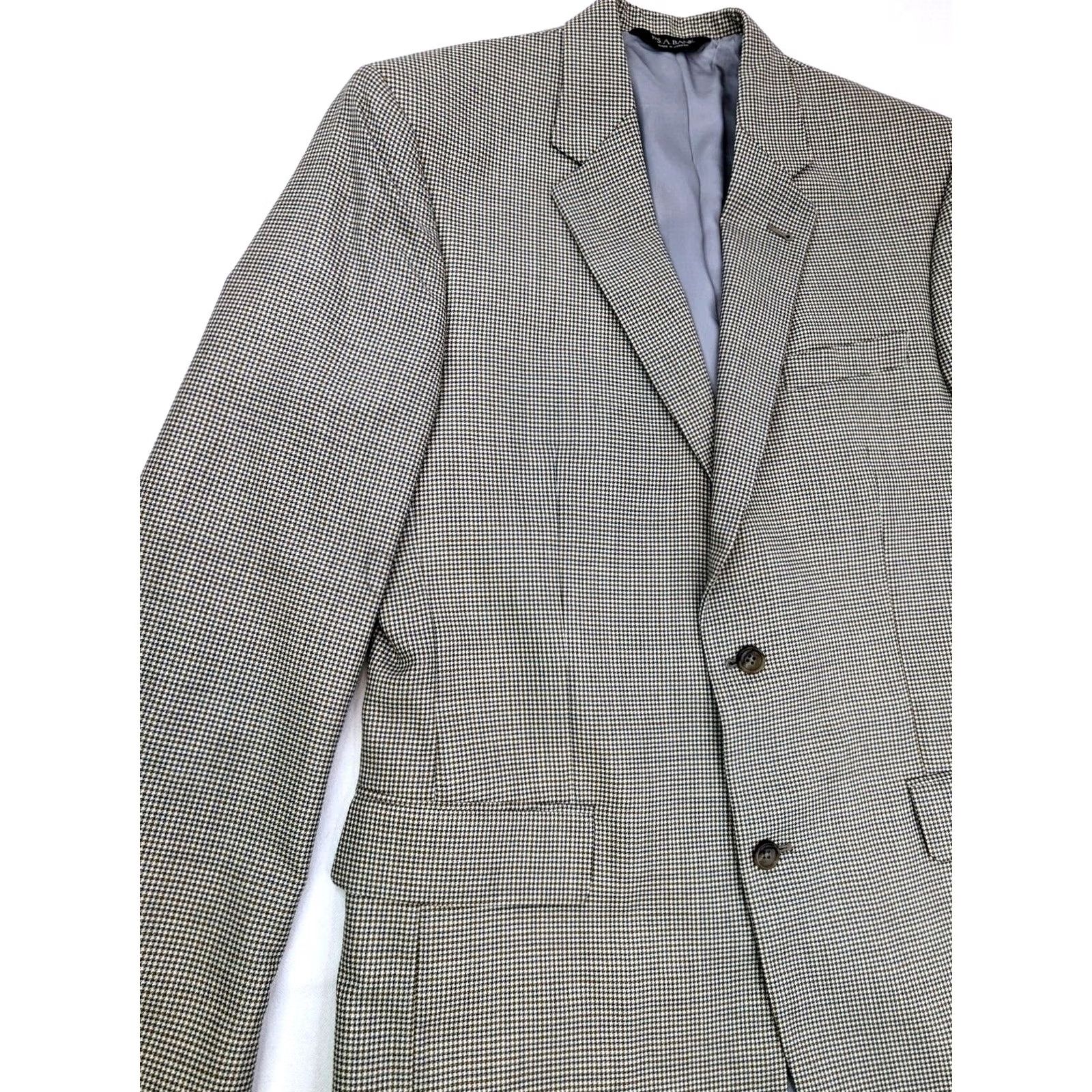 Jos. A. Bank Jos. A. Bank Gordon Signature Wool Blazer Jacket Men 42L Beige Houndstooth Wool Front Button Style Two-Button Single-Breasted Casual Business Mens Size 42R - 2 Thumbnail