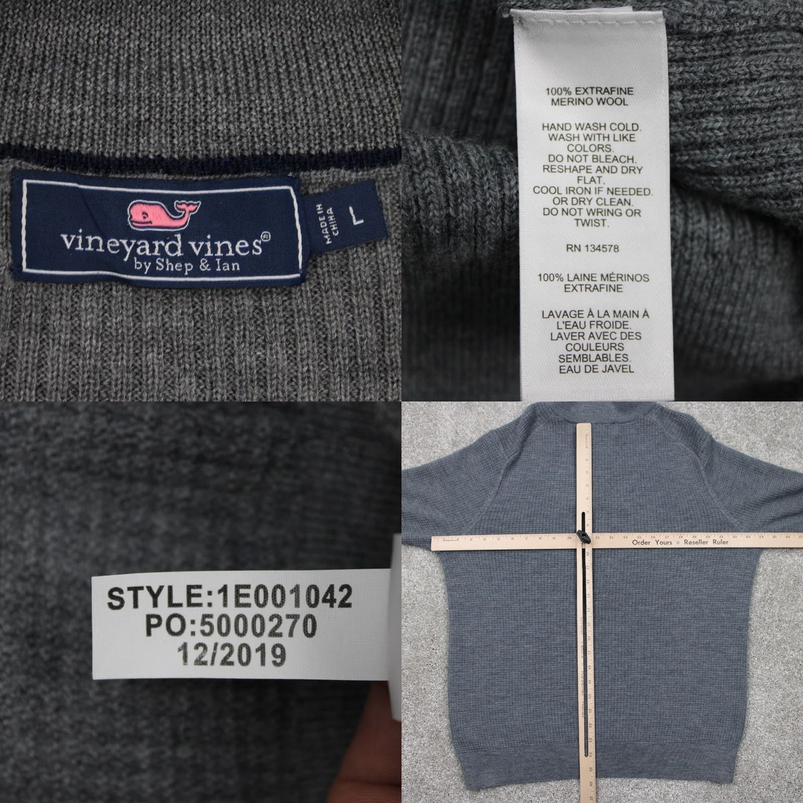 Vineyard Vines Vineyard Vines Wool Sweater Mens Large Gray 1/2 Zip L/S Pullover Size US L / EU 52-54 / 3 - 8 Thumbnail