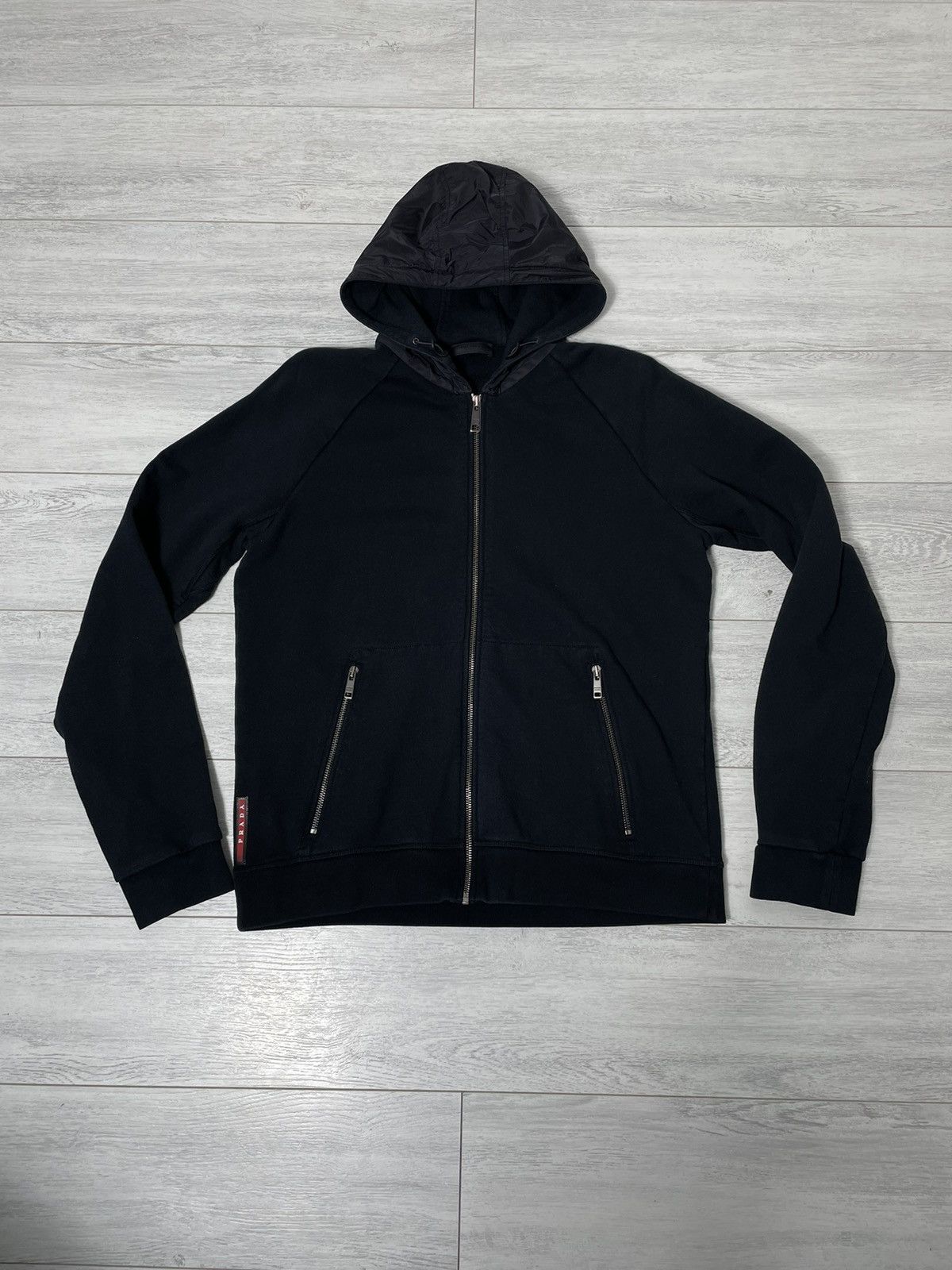 image of Prada Zip Hoodie Nylon Light Jacket Red Tab in Black, Men's (Size Medium)