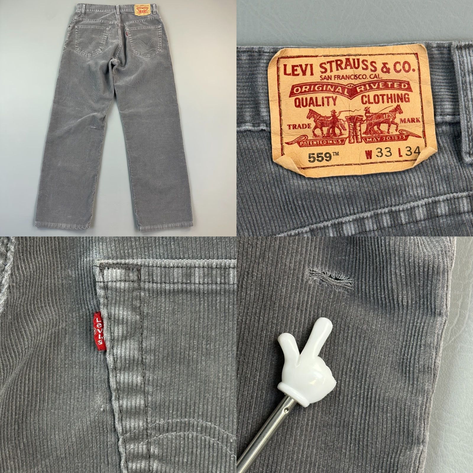 Levi's VINTAGE Levi's 559 Pants Mens 33x34 Gray Corduroy Relaxed Straight Punk Y2K 5-Pocket USA Cowboy Grunge Retro Jeans Mens Size US 33 - 8 Thumbnail