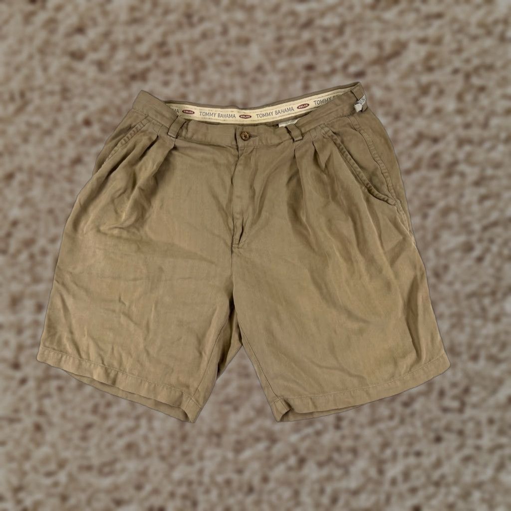Tommy Bahama Tommy Bahama Bermuda Shorts Men 34 Beige Silk Herringbone Pleated 9 Inseam Zip Pocket Pockets Travel Aloha Beach Designer Mens Size US 34 / EU 50 - 1 Thumbnail