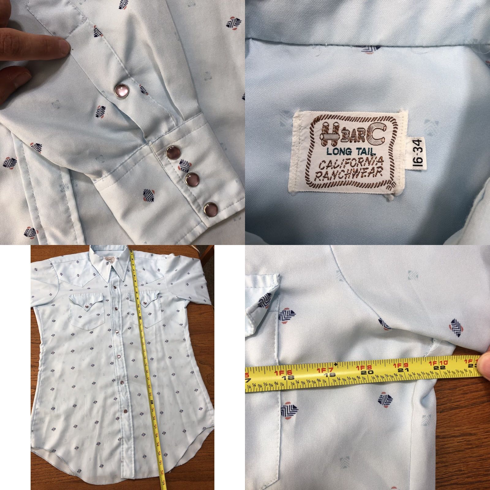 Vintage Vtg H Bar C Men 16 X 34 Pearl Snap Geometric Long Sleeve Western Shirt Long Tail Size US L / EU 52-54 / 3 - 8 Thumbnail