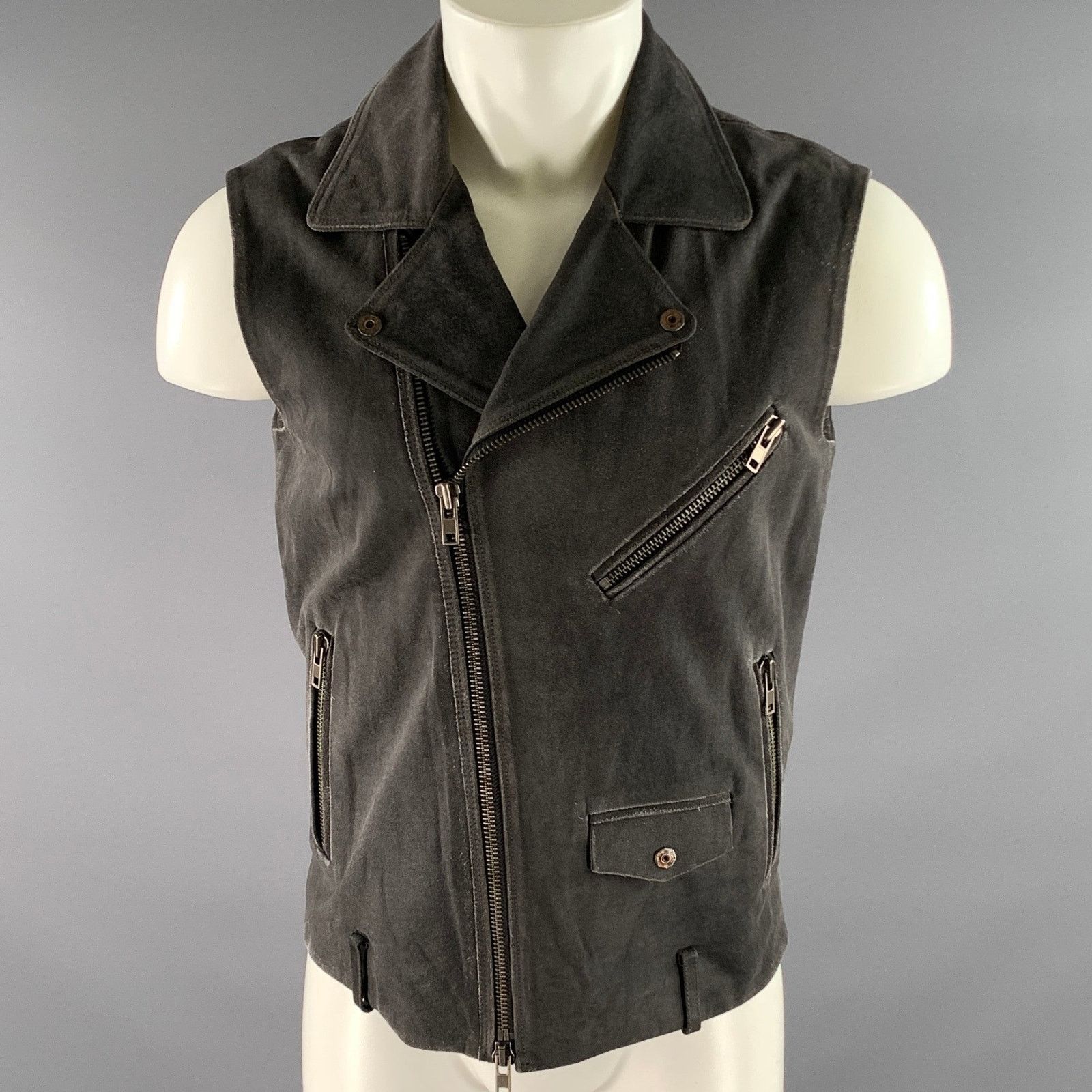 Diesel DIESEL Size L Grey Distressed Calf Leather Biker Vest Size US 9 / EU 42 - 1 Thumbnail