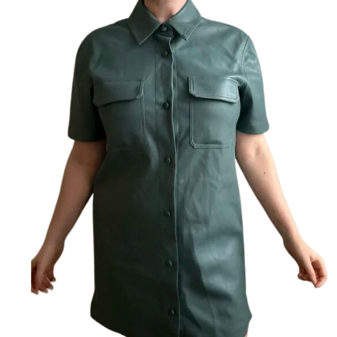 image of 7 For All Mankind Green Vegan Leather Shirt Dress M New Tags, Women's (Size Medium)
