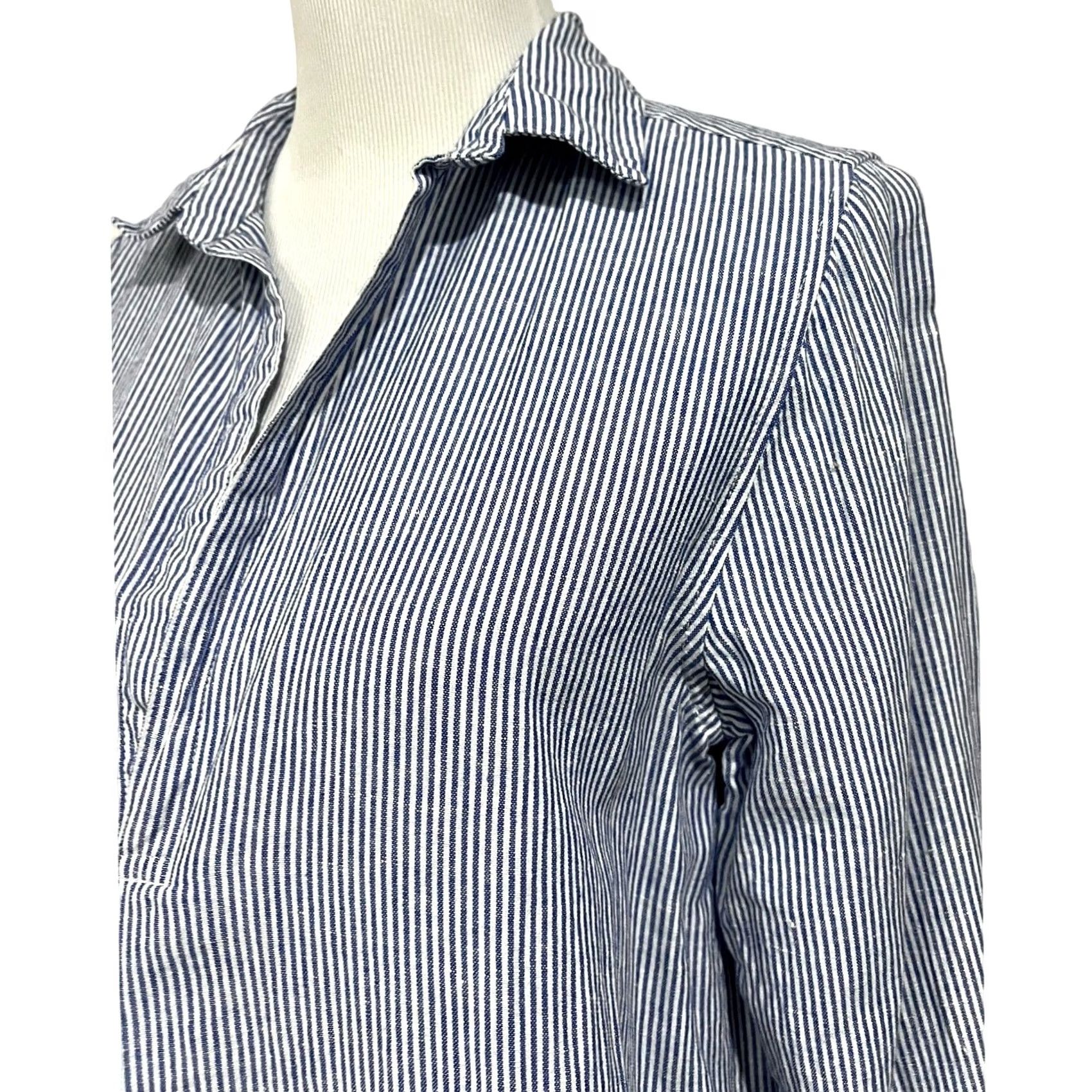 Vintage VINTAGE For Cynthia Blue Striped Linen Blend Cover Up Tunic Roll Tab Sleeves M Women Shirt, Blues, 32-33 Length, 40 Chest, 24 Sleeve, Preowned Size M / US 6-8 / IT 42-44 - 3 Thumbnail