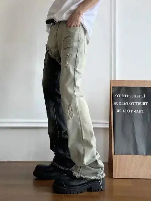 Japanese Brand High street hip hop contrast patchwork ripped raw edge jeans Size US 32 / EU 48 - 2 Thumbnail