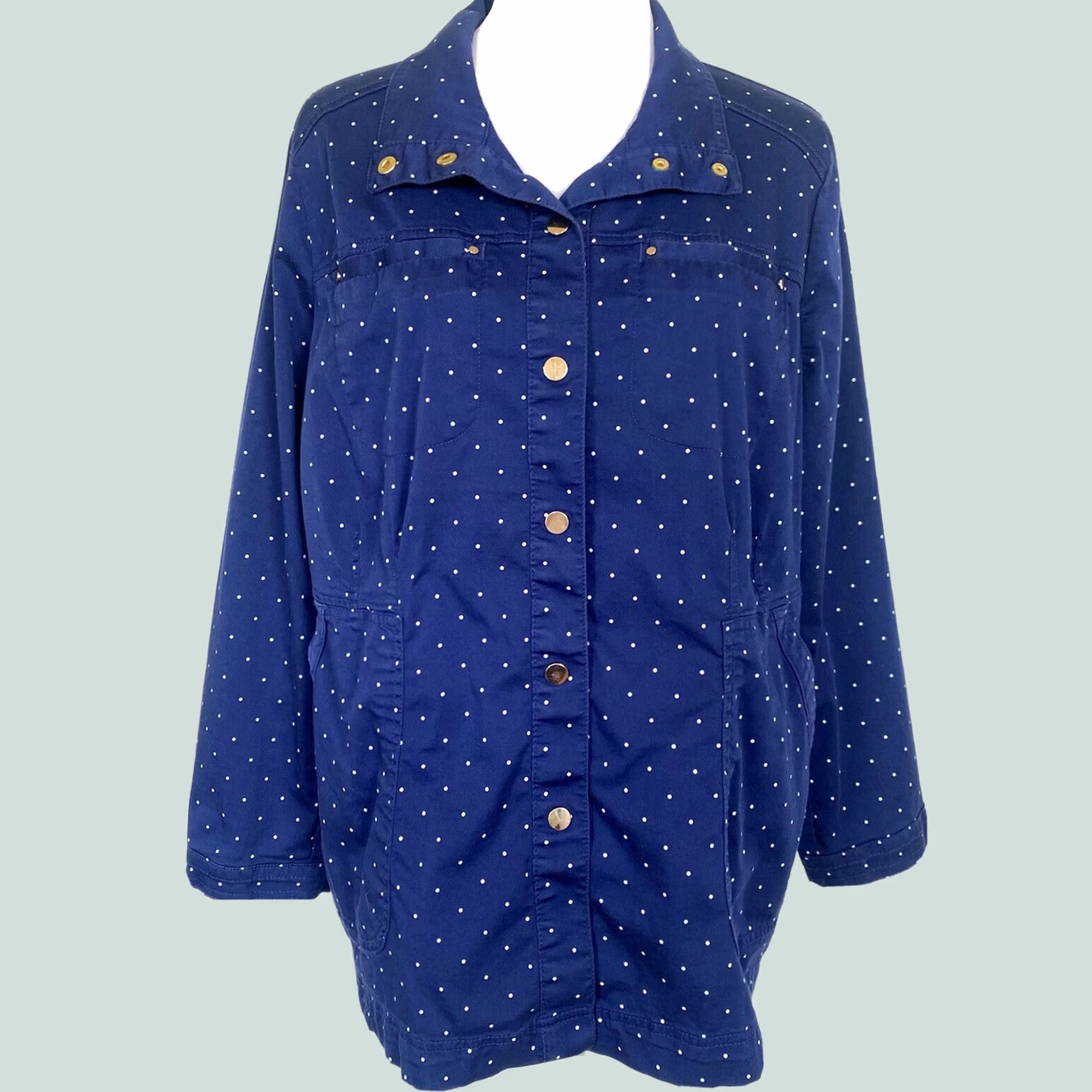 Vintage Chico’s Women's Utility Jacket Dark Blue Polka Dot Luxe Twill Cotton Sz XL (3) Size XL / US 12-14 / IT 48-50 - 1 Thumbnail