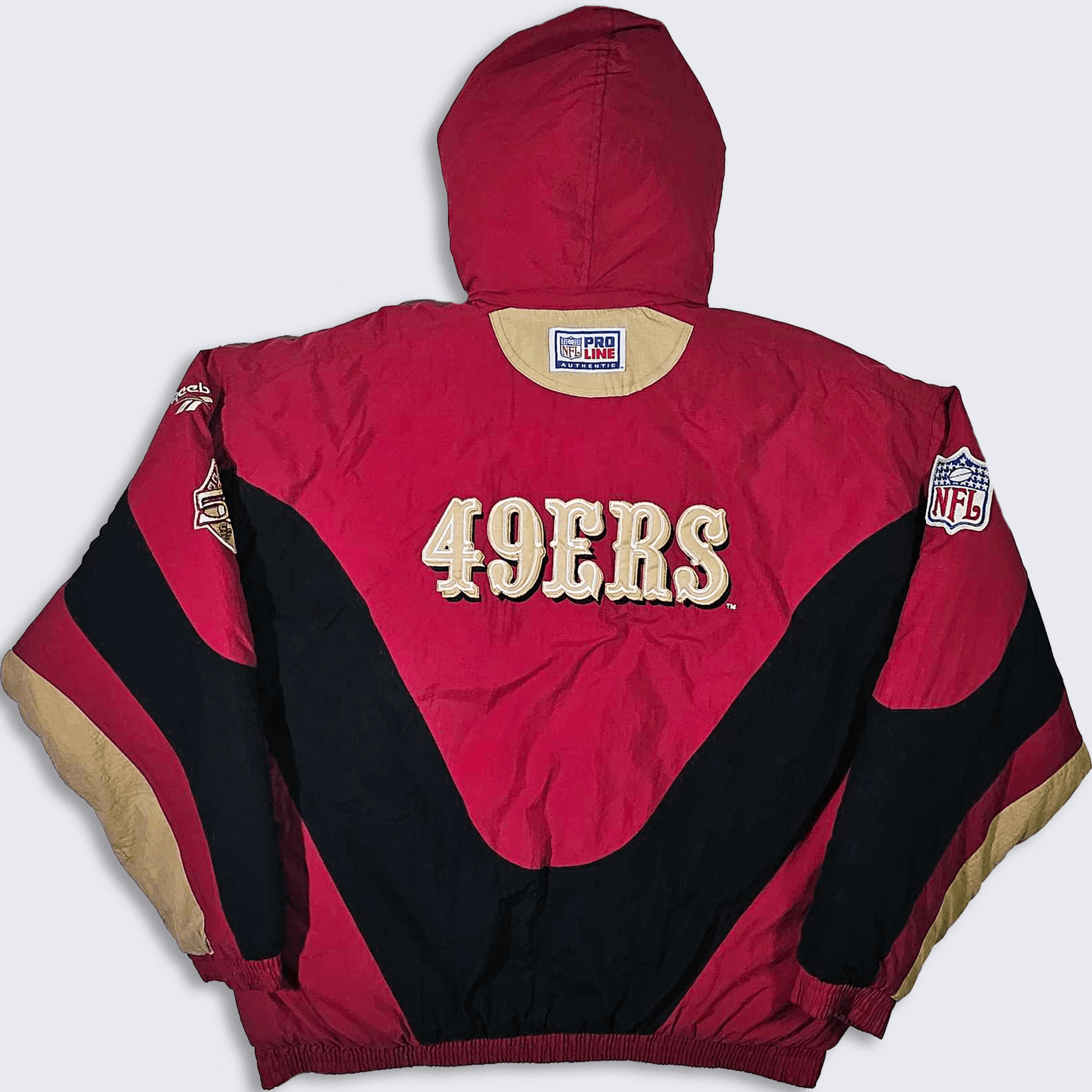 Image of Nfl x Reebok San Francisco 49Ers Vintage 90's Reebok Puffer Jacket in Red Black Gold (Size 2XL)