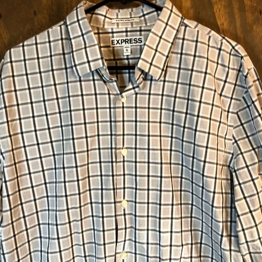 Express Express Shirt Gray White Plaid Button-Down 100% Cotton Extra Slim XL Men’s Size US XL / EU 56 / 4 - 2 Thumbnail