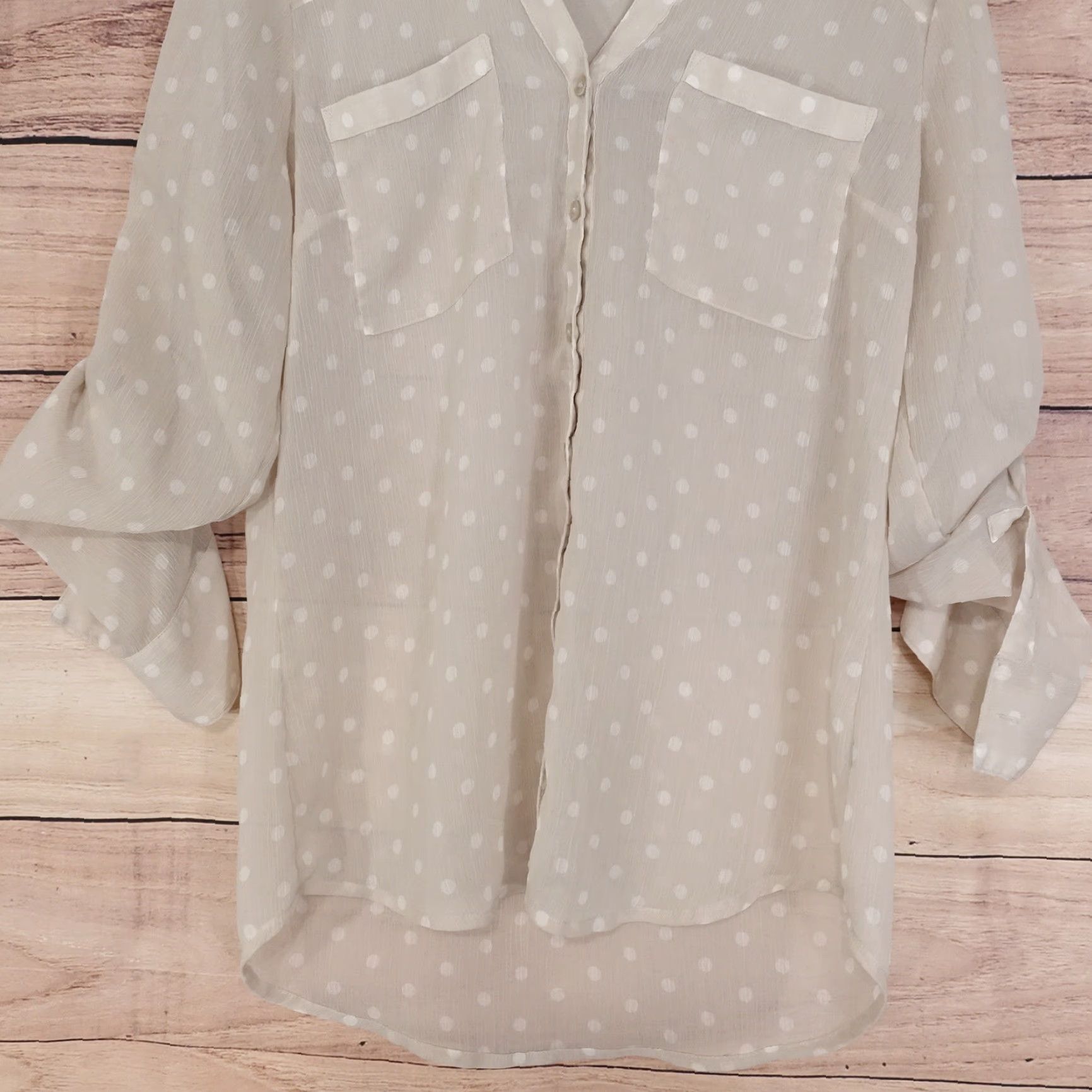 Express EXPRESS SHIRT POLKA DOT SEE-THRU LONG SLEEVE WOMENS SIZE M Beige Blouse Casual 90s? Size M / US 6-8 / IT 42-44 - 3 Thumbnail