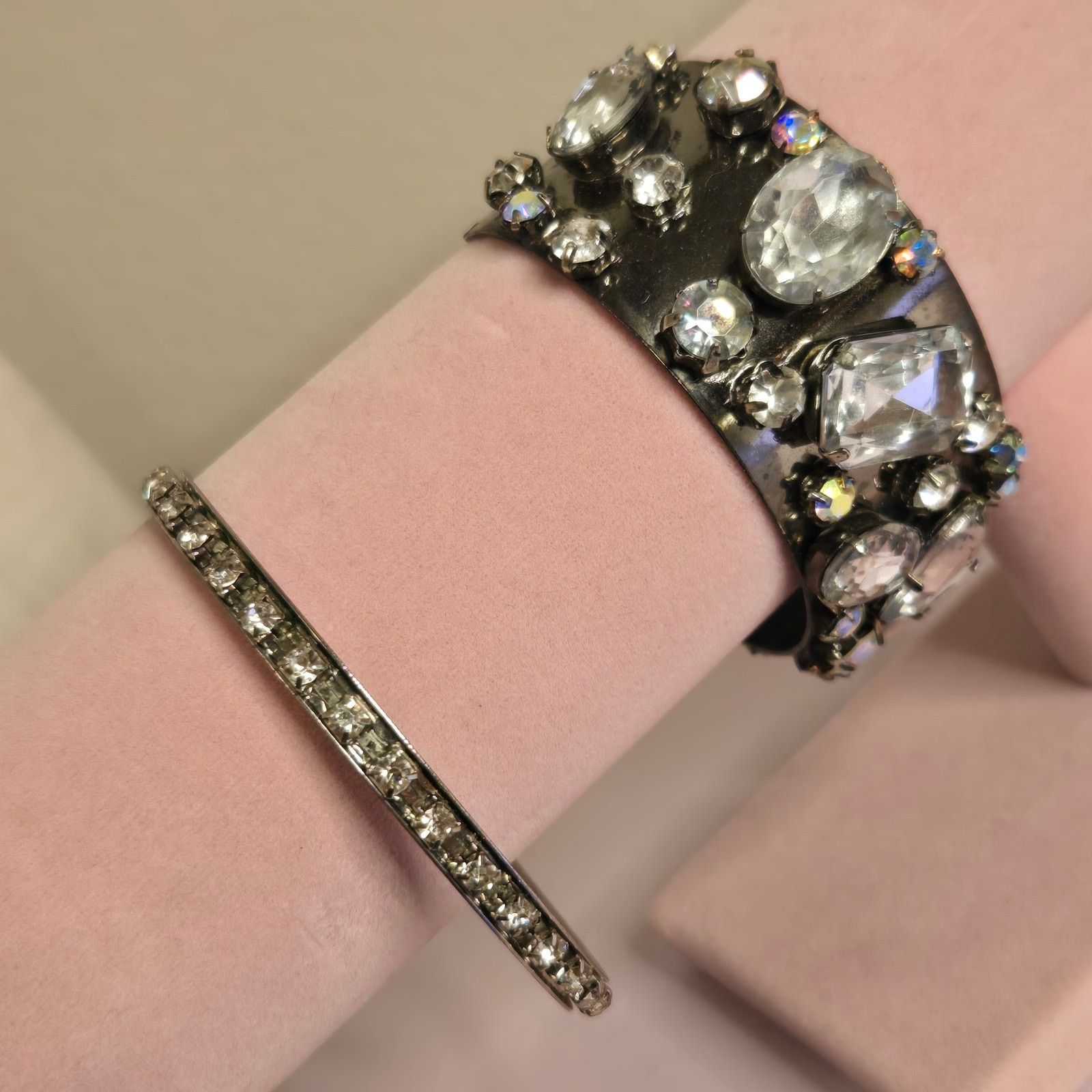Vintage Clear Rhinestone Wide Bangle & Slender Tennis Bracelet Set Size ONE SIZE - 4 Thumbnail