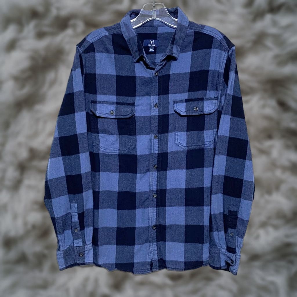George George Buffalo Plaid Blue Flannel Button Shirt Mens L 42-44 Lumberjack Gorpcore Size US L / EU 52-54 / 3 - 1 Thumbnail