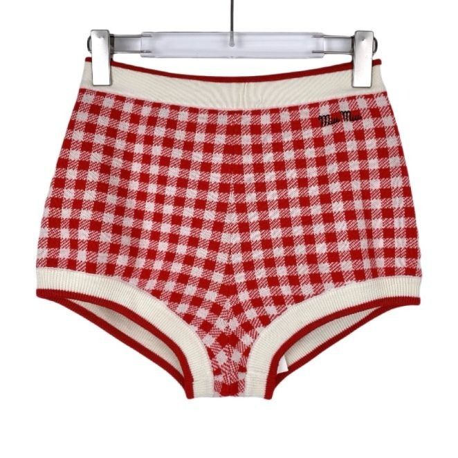 Miu Miu Miu Miu Red & White Checkered Cotton Knit High-Waisted Short Size 40" / US 18 - 1 Thumbnail