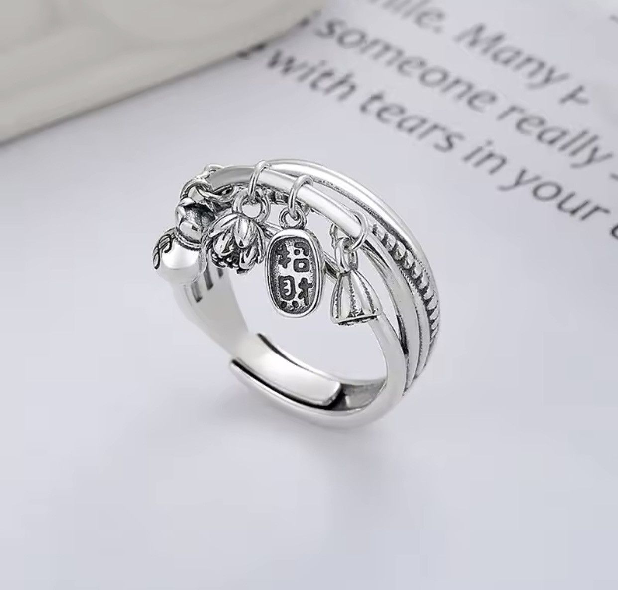 Jewelry Silver Color Retro Tassel Lotus Creative Ring Size ONE SIZE - 1 Thumbnail
