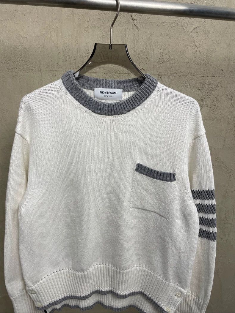 Thom Browne Thom browne Beige pocket neck gray four-stripe knitted roun Size US XS / EU 42 / 0 - 3 Thumbnail