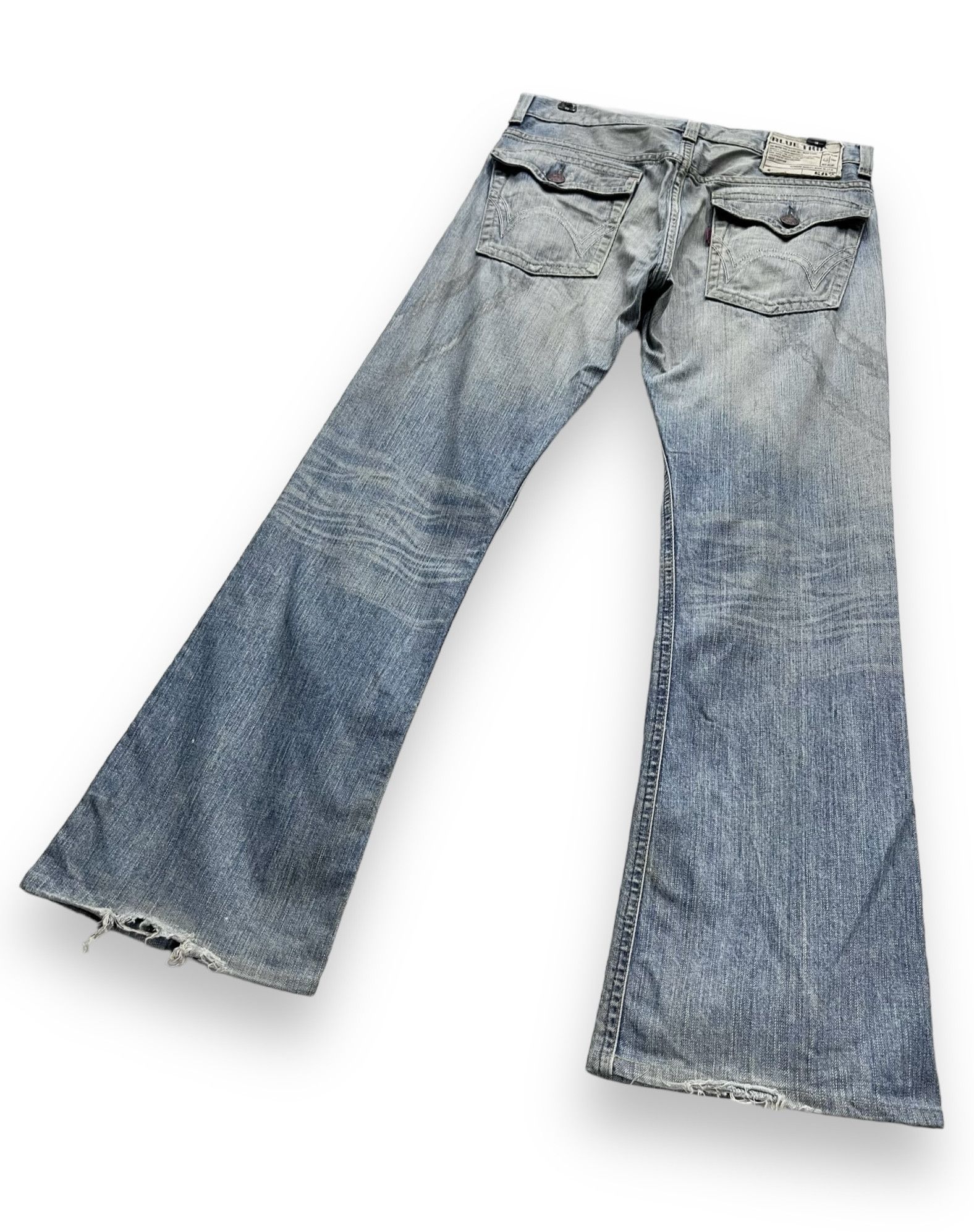 Edwin FYE🔥EDWIN BLUE TRIP Ripped Thrashed Blow Out Flared Denim Size US 31 - 8 Thumbnail