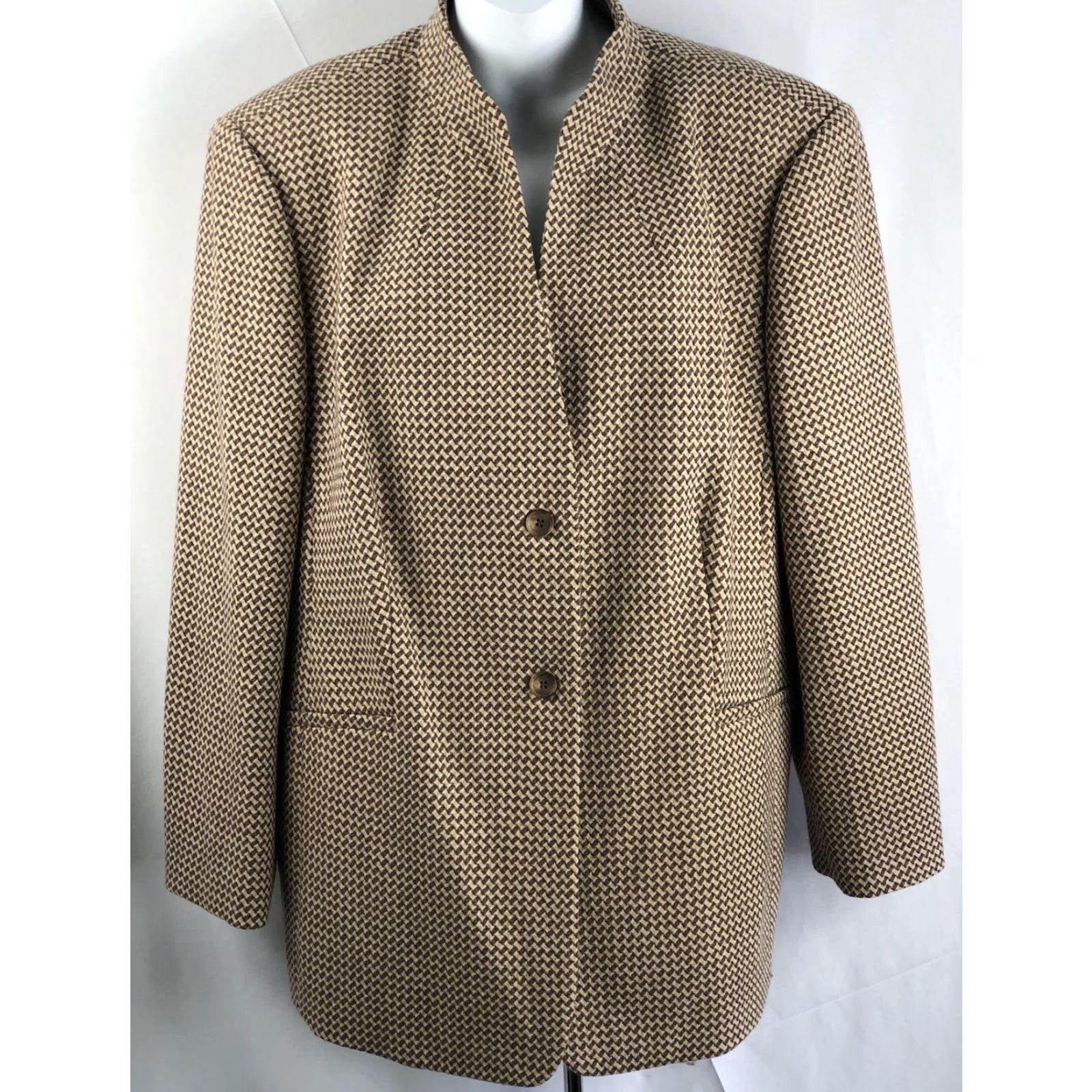 Talbots Talbots Blazer Jacket 100% Wool Brown Tan Basket Weave 18W 2-Button Mock Neck Geometric Lined Regular Plus Size Size XXL / US 16-18 / IT 52-54 - 5 Thumbnail