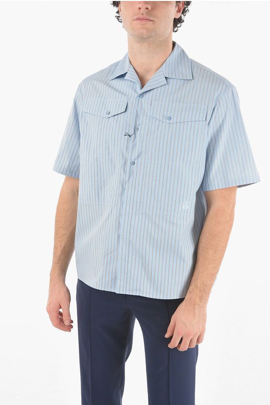 image of Neil Barrett Short-Sleeved Workwear Bowling Bayadere Striped Shirt in Light Blue, Men's (Size XS)