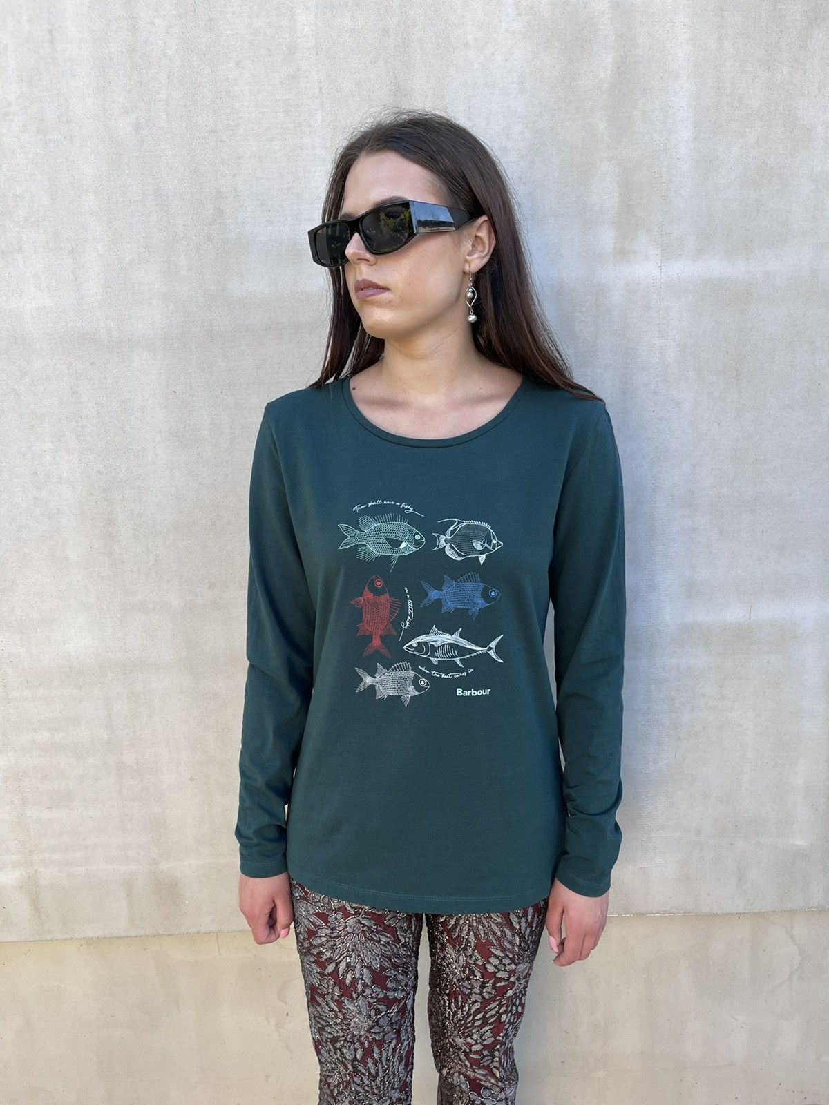 Barbour Barbour Bay Women’s Long Sleeve Top Fish Print Dark Green M Size M / US 6-8 / IT 42-44 - 1 Thumbnail