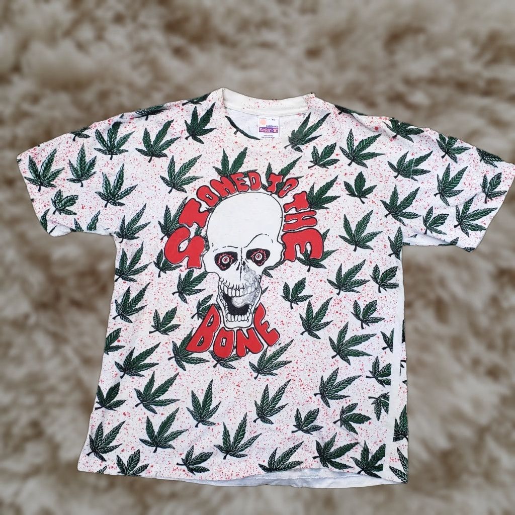 VINTAGE California Solar T T-Shirt Men XL White 80s 90s Band Skull Graphic Marijuana Weed All Over Print Short Sleeve Crew Neck Cotton Shirt
