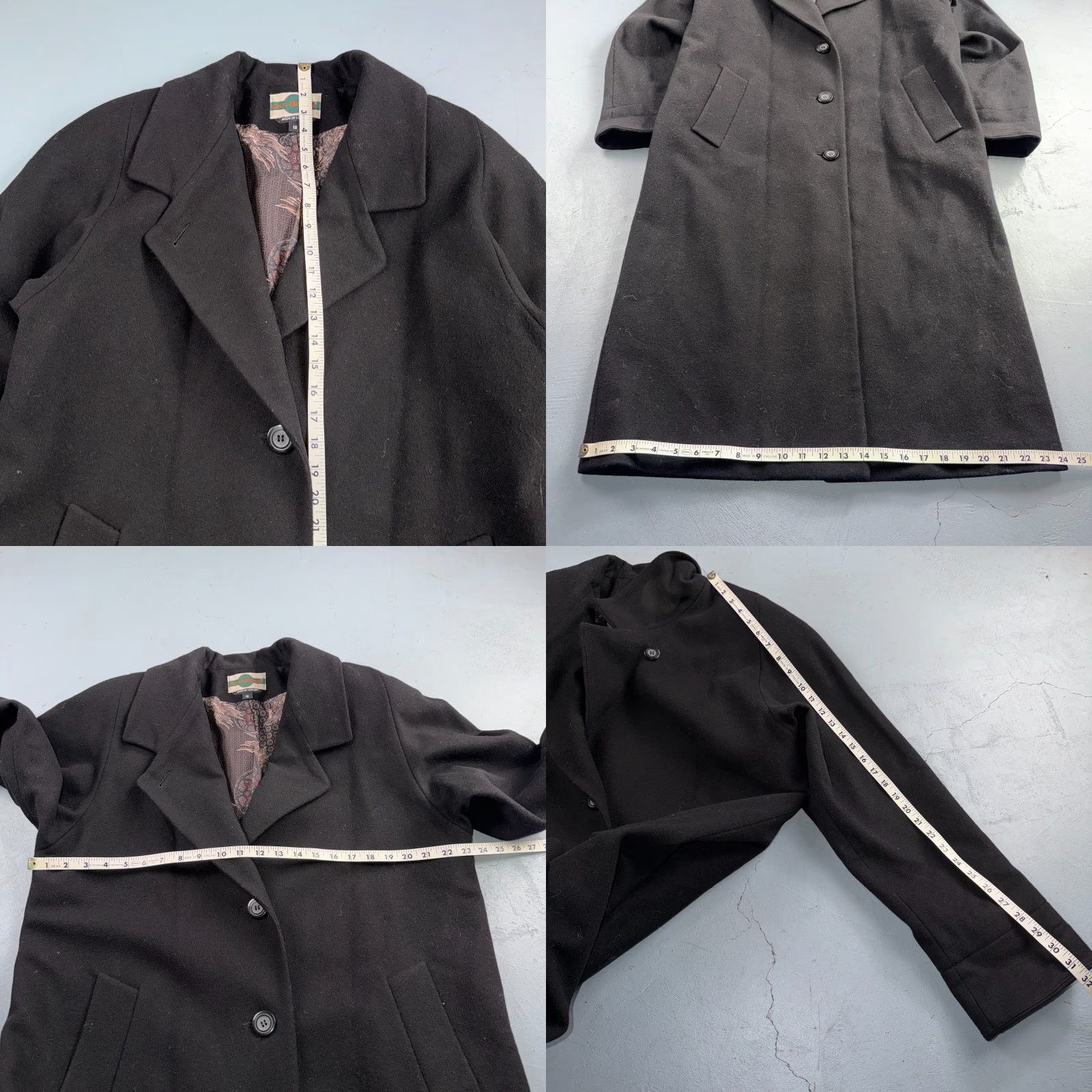 Brooks VINTAGE Out Brook Coat Wool Black Long Button Up Woman's 12 80s 90s City Classic Designer 90s Womens Overcoat Tweed Lined Pockets Buttoned Coat Size XL / US 12-14 / IT 48-50 - 8 Thumbnail