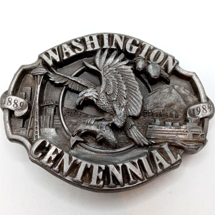 Vintage Washington Belt Buckle Centennial 100 Years Eagle Bird Apple ...