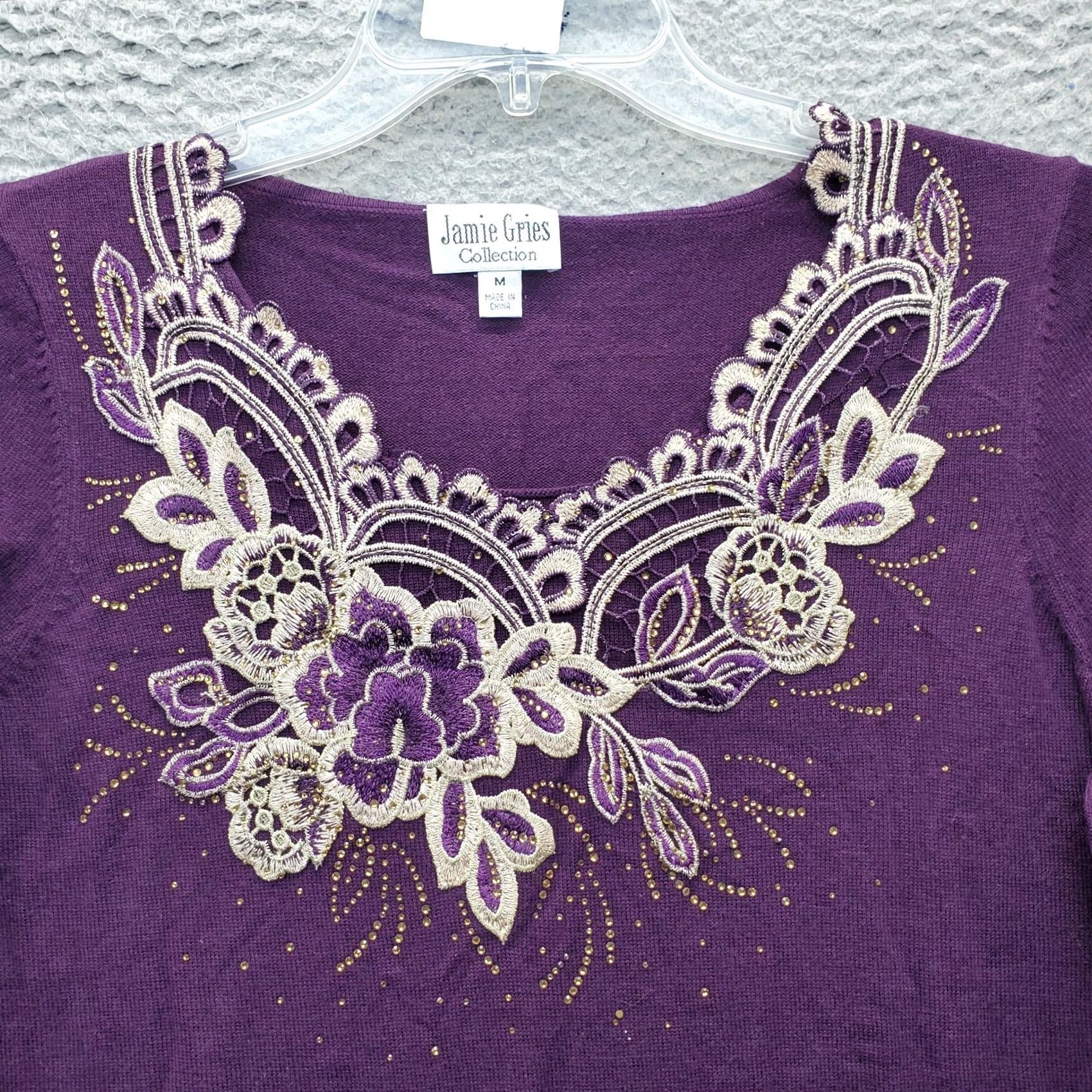 Vintage Jamie Gries Sweater Women's M Purple Knit Beaded Embroidered Pullover Size M / US 6-8 / IT 42-44 - 3 Thumbnail