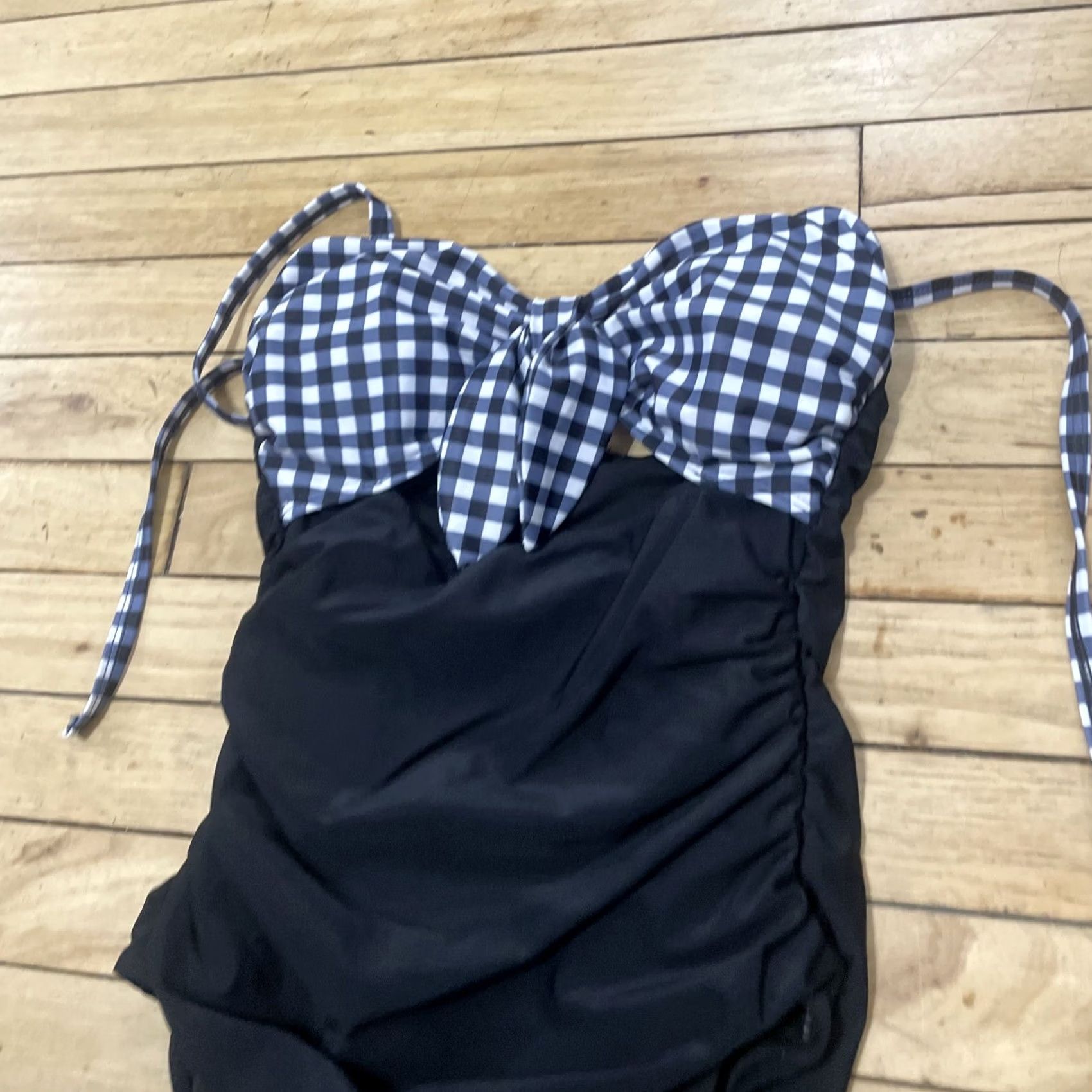 Vintage Tempt Me One Piece Swimsuit XS Blue Gingham Cutout Tie Front Detach Strap Black Back Padding Ruched Beach Classic Women Size ONE SIZE - 3 Thumbnail