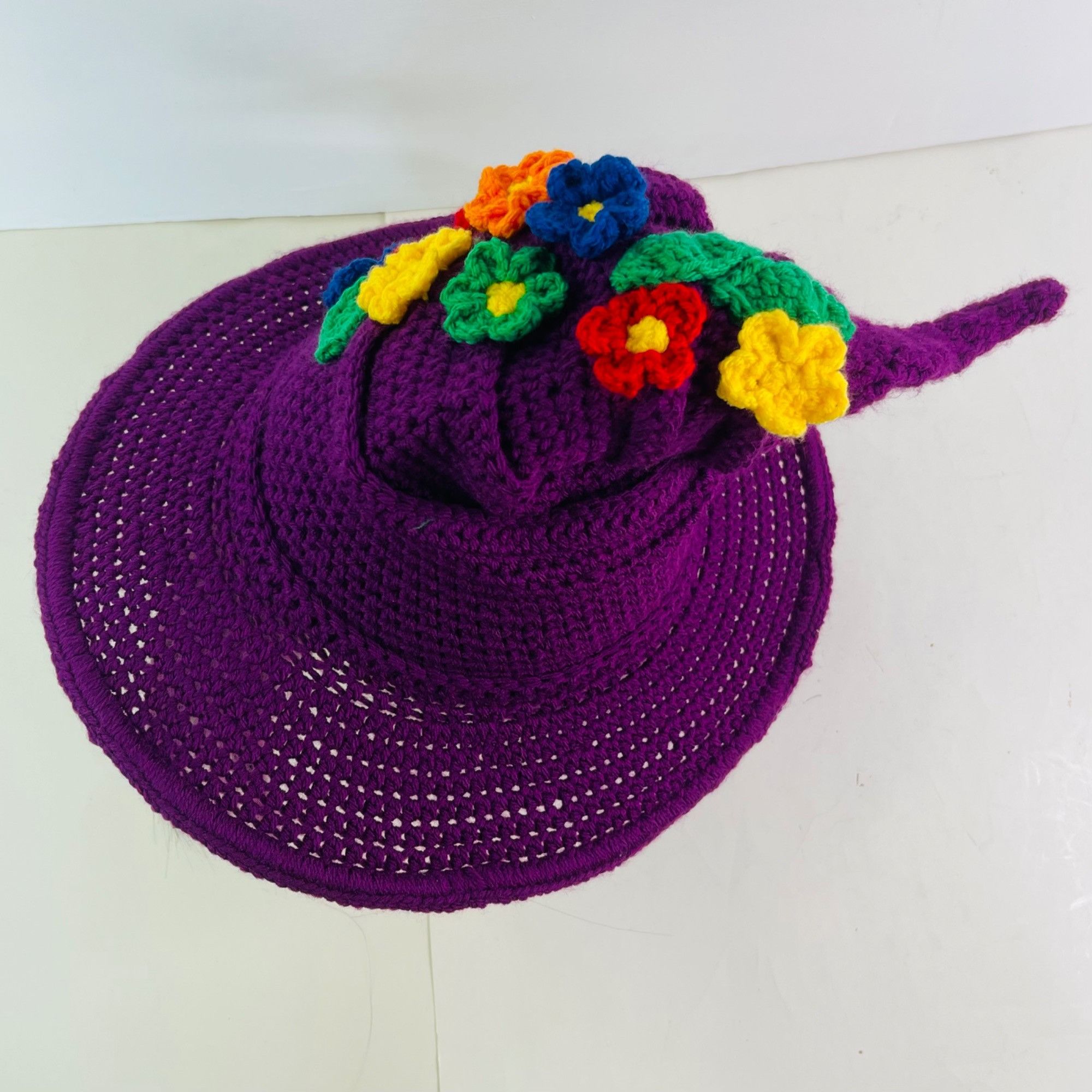 Handmade Crochet Witch Wizard Hat Purple w/ Red Orange Yellow Green B Size ONE SIZE - 6 Thumbnail